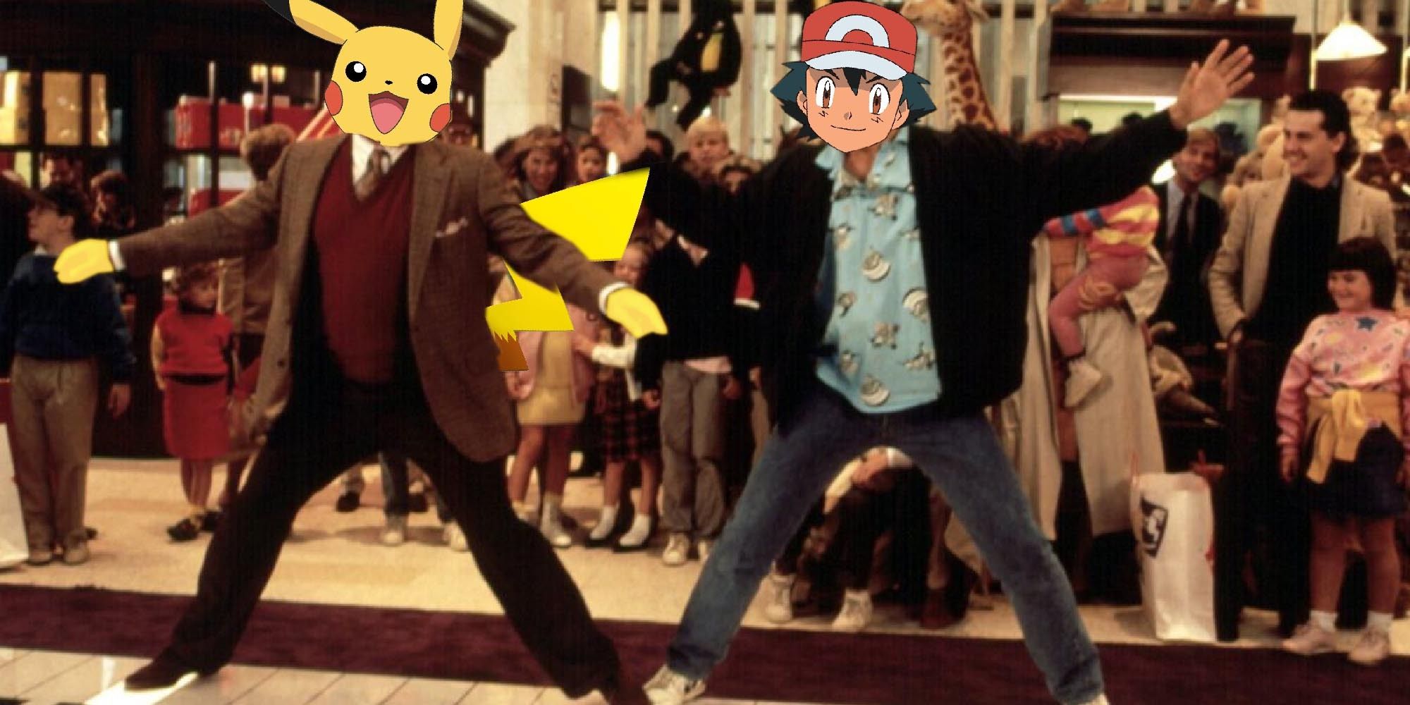 Screenshot from Big with Ash and Pikachu heads on the bodies of two men dancing on a keyboard in a toy store.