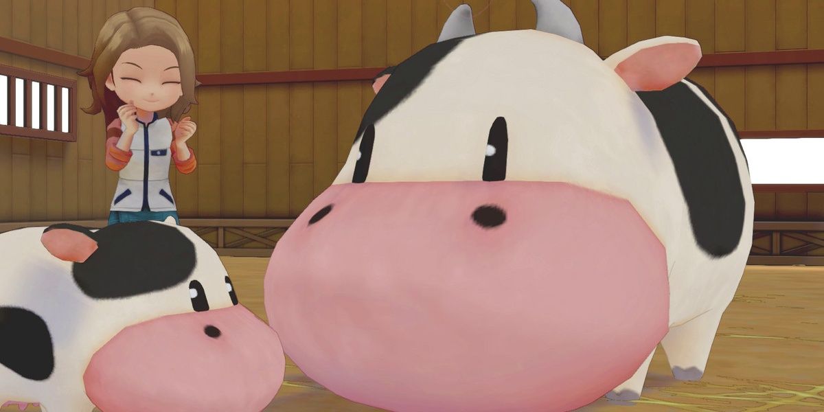 A screenshot showing the player with two cows in Story of Seasons: Pioneers of Olive Town