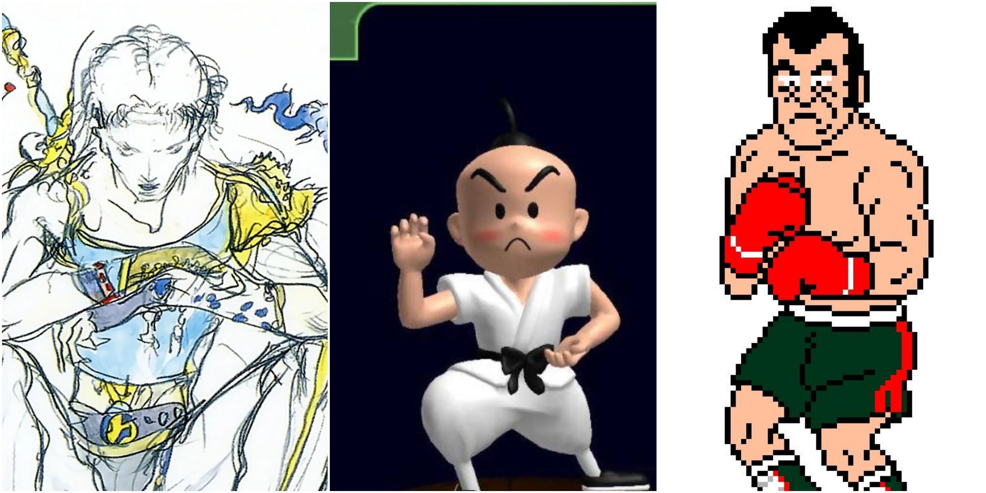 A collage featuring Butz from Final Fantasy V (as drawn by Yoshitaka Amano), Poo from Earthbound, and Pizza Pasta from Punch-Out!!