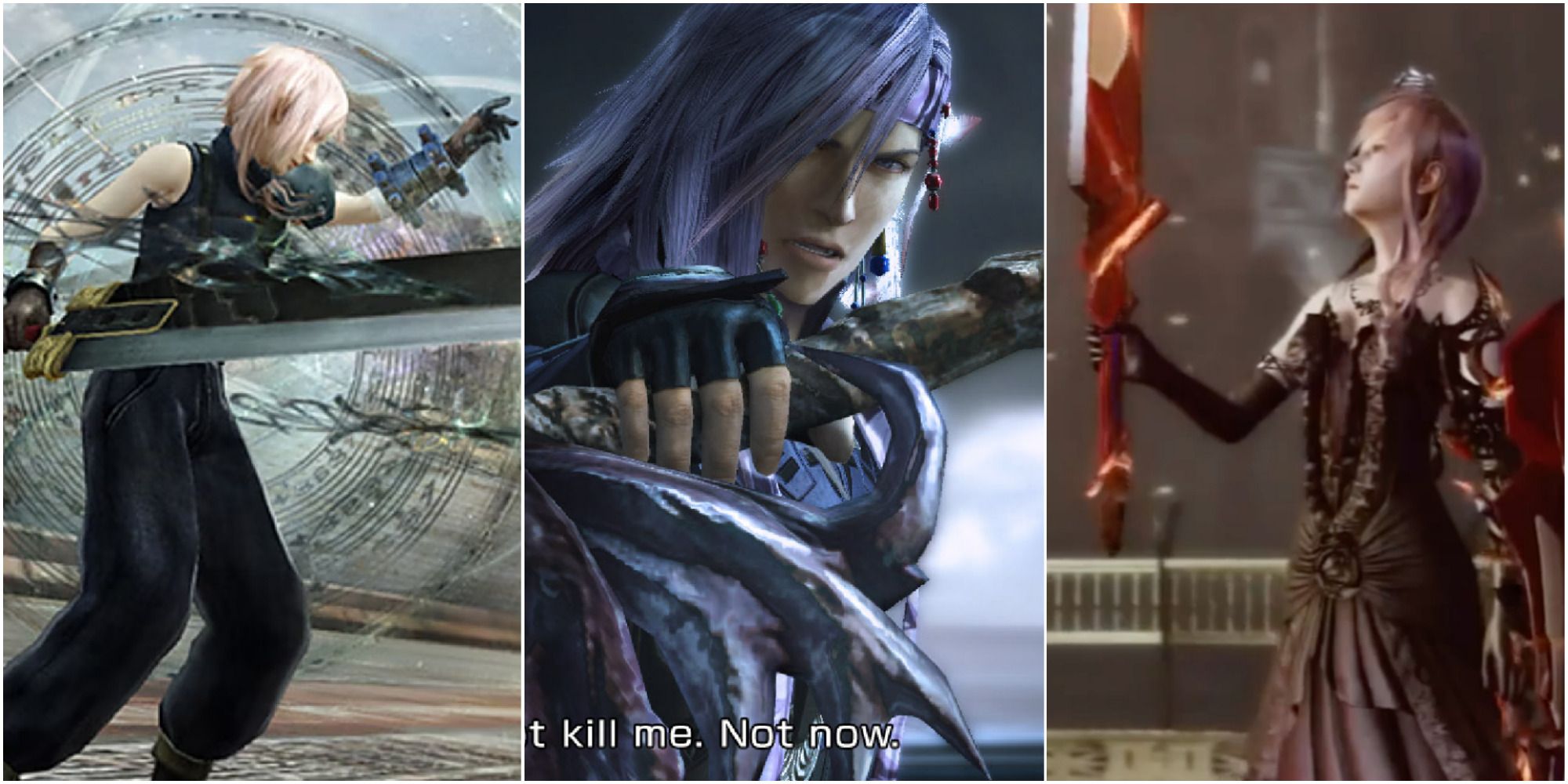 A collage of images from Lightning Returns: Final Fantasy 13, showing Lightning wielding the Ultima Weapon and Buster Sword, and Caius taunting the player