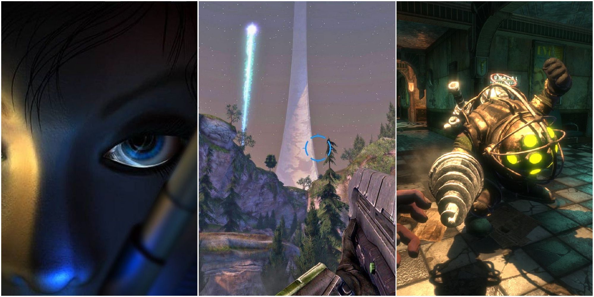 A collage of images from Perfect Dark, Halo: Combat Evolved, and Bioshock