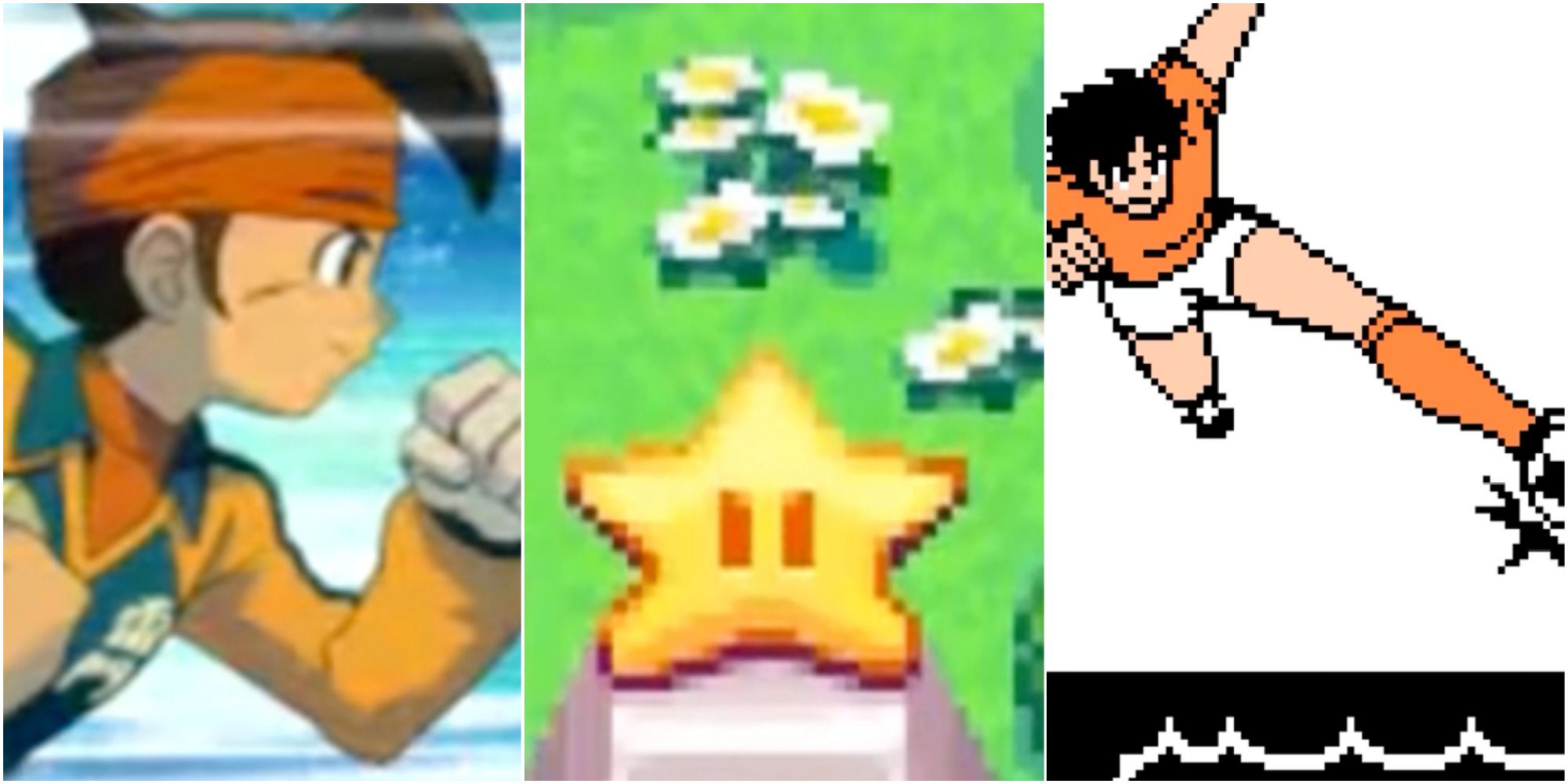 A collage of images from Inazuma Eleven, Mario Tennis: Power Tour, and Captain Tsubasa 2: Super Striker