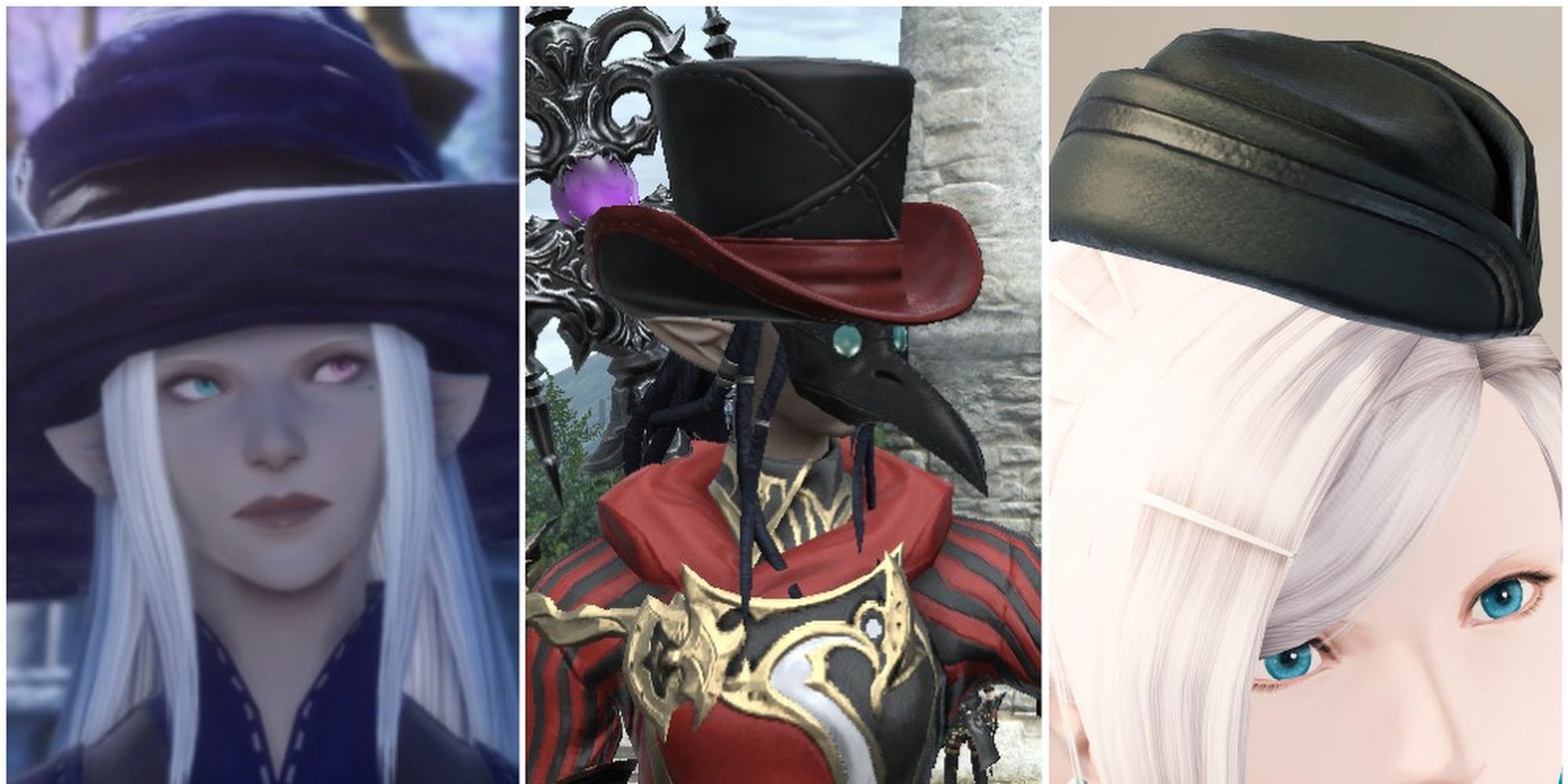 Final Fantasy 14 Three Split Images of An Elezen Witch A Plague Doctor And An Elezen In A Side Cap