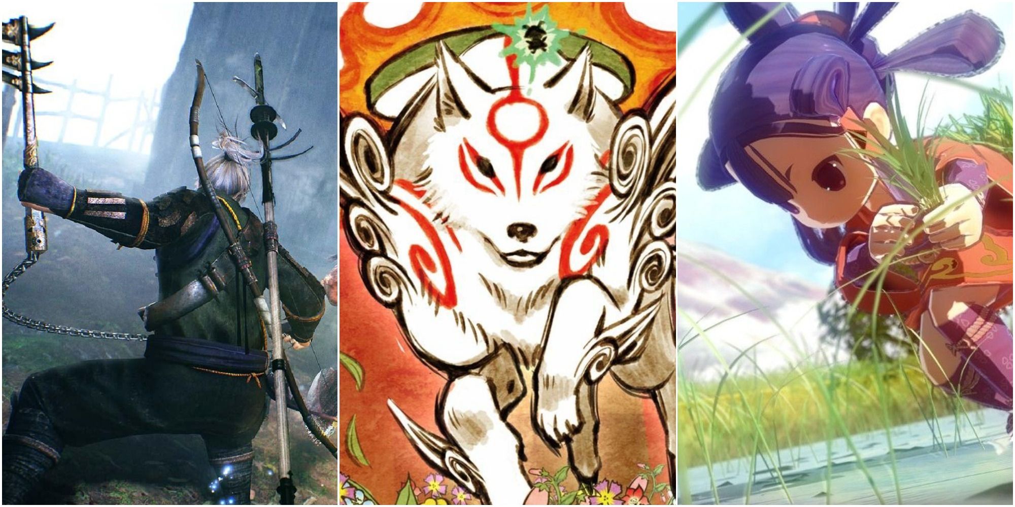 on the left is the protagonist of Nioh 2, in the middle is Okami from Okami and on the right is Sakuna from Sakuna: Of Rice and Ruin