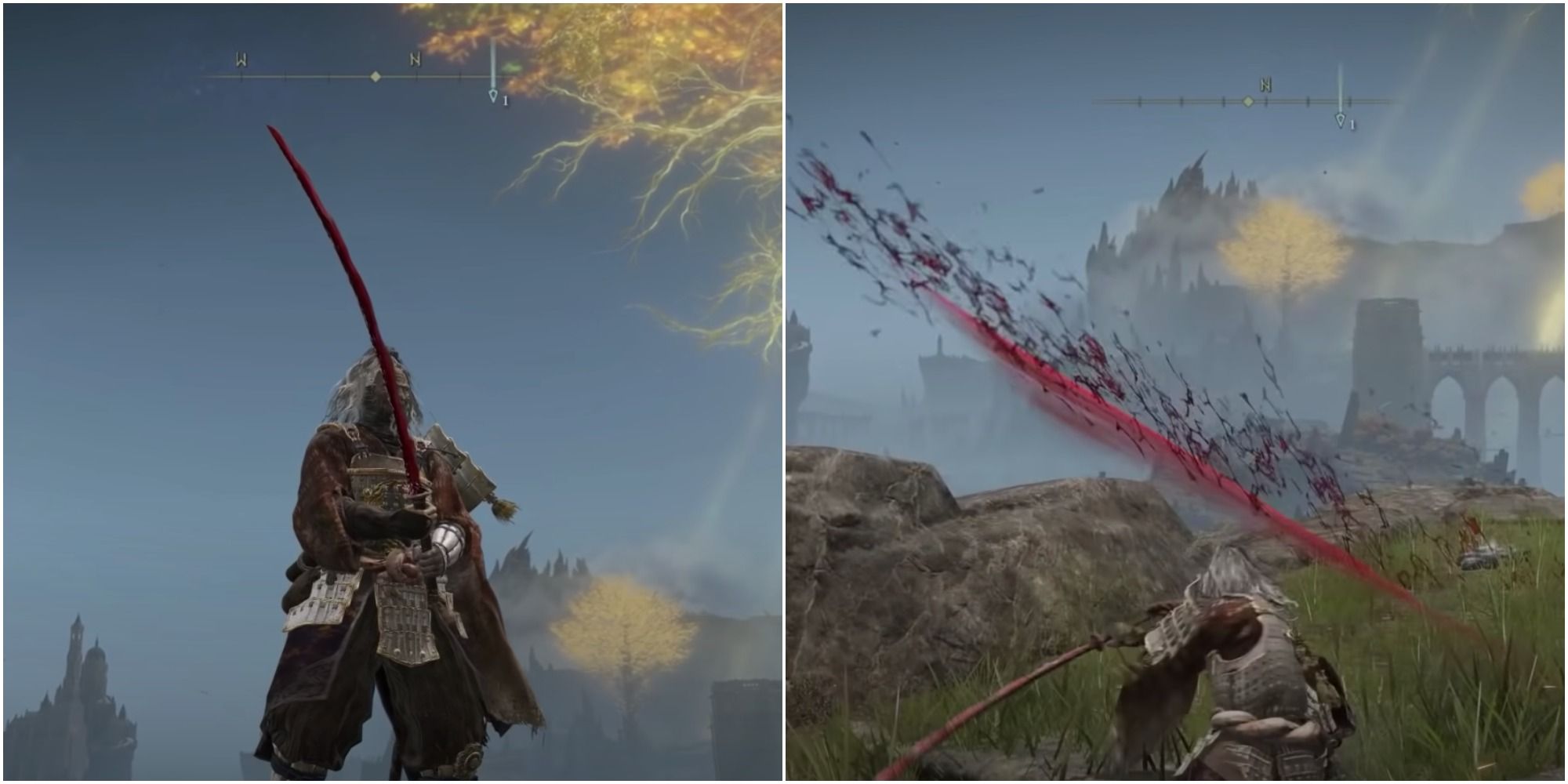 A split image of The Tarnished wielding Rivers of Blood in Elden Ring.