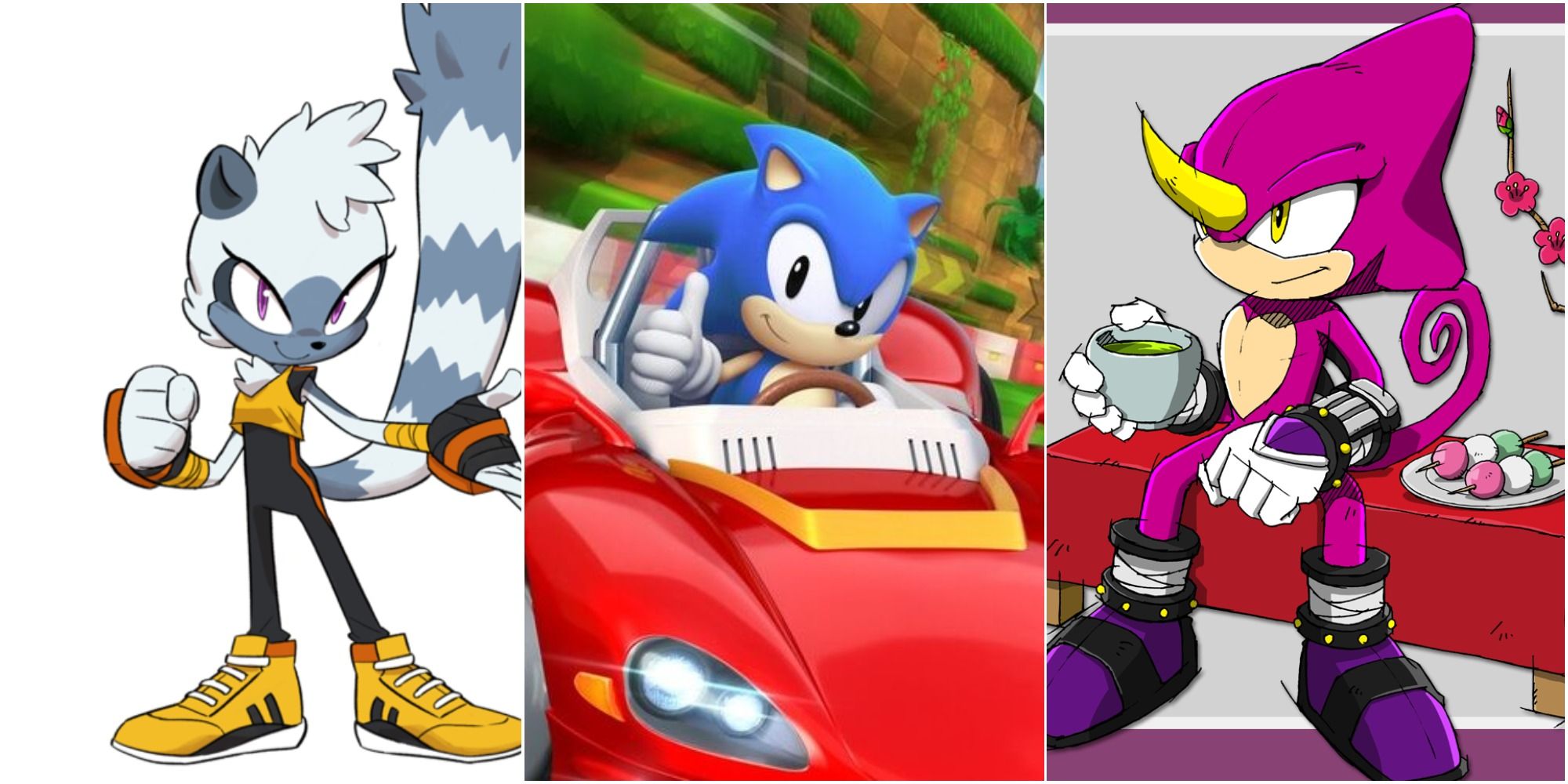 Tangle stands next to Classic Sonic driving a car and Espio enjoying some tea