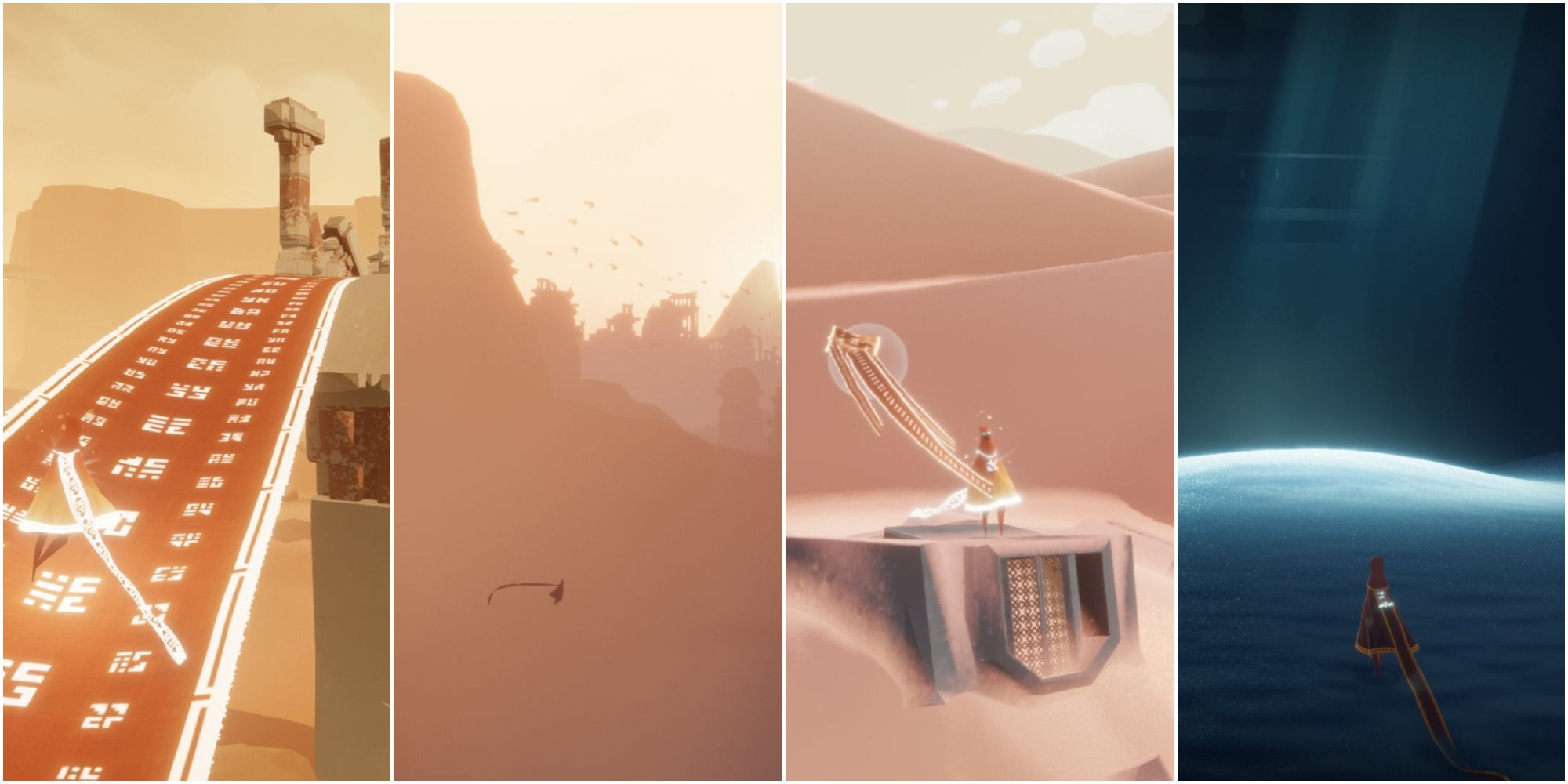 Split image of the traveller in Journey on a bridge, in mid-air, in the desert, and underground