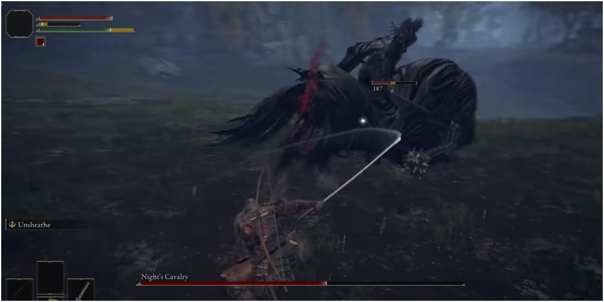 The Tarnished using a melee weapon against Night's Cavalry in Elden Ring.