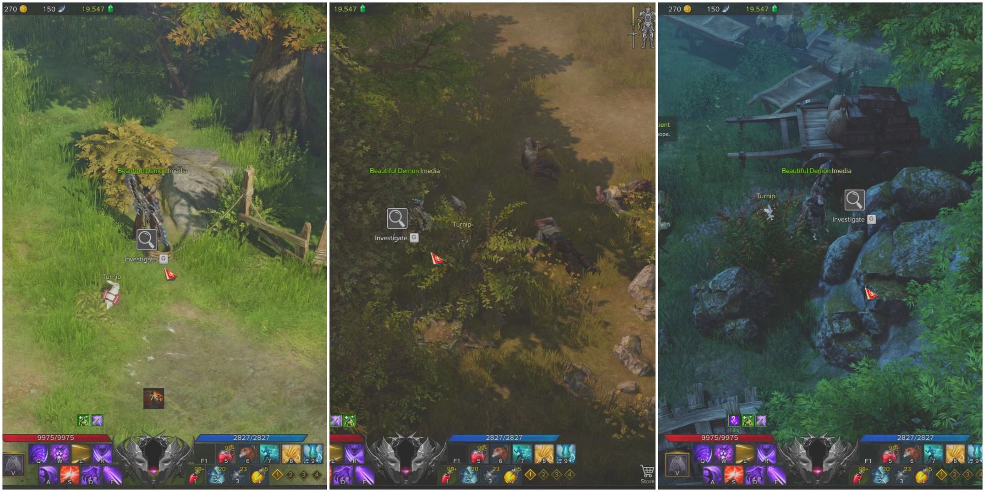 A split image of a shadowhunter investigating a rope pile, a shadowhunter investigating some bushes, and a shadowhunter investigating rocks by an infirmary