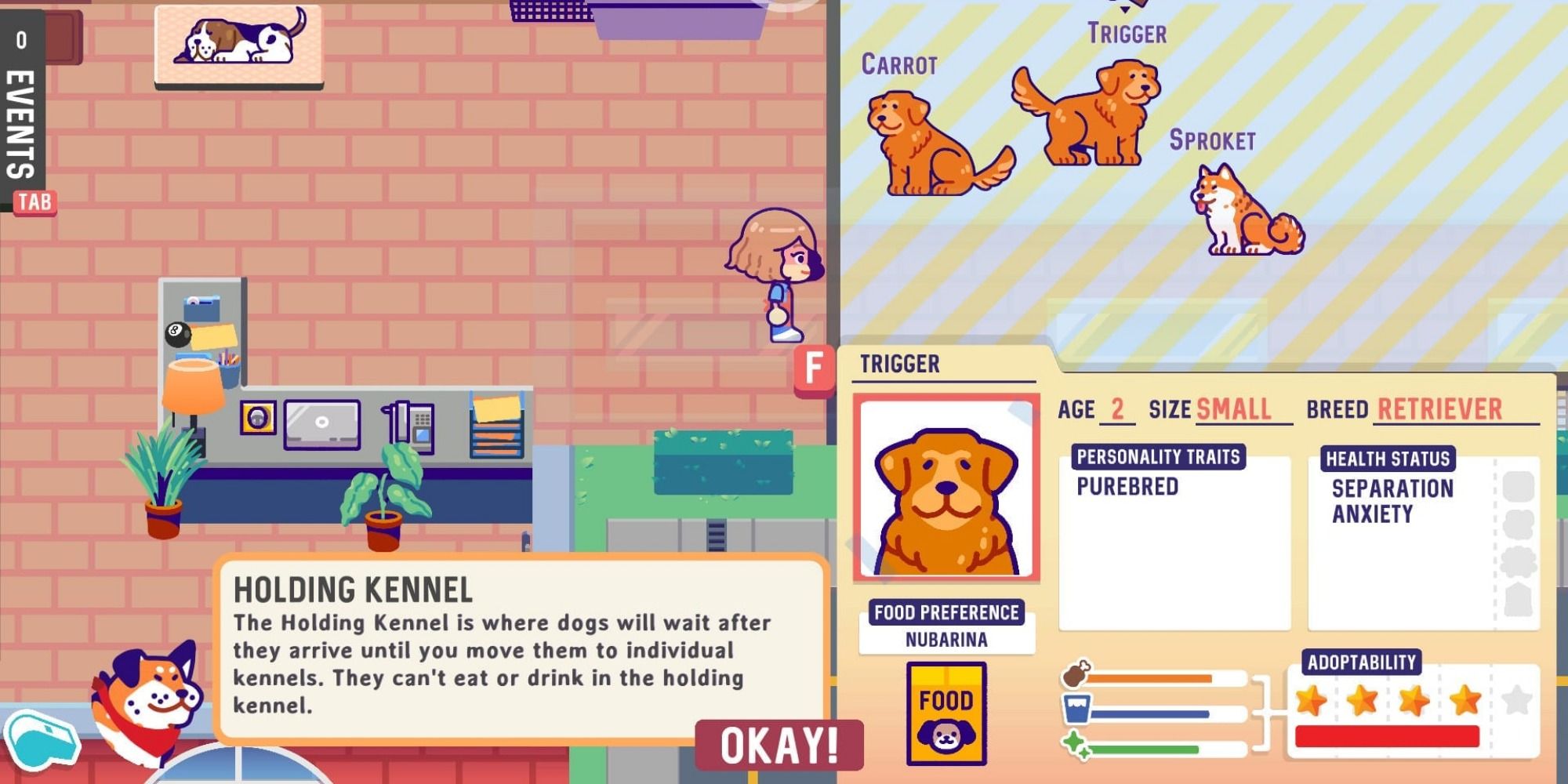 Holding kennel tutorial screen with three dogs and stats for a dog named Trigger
