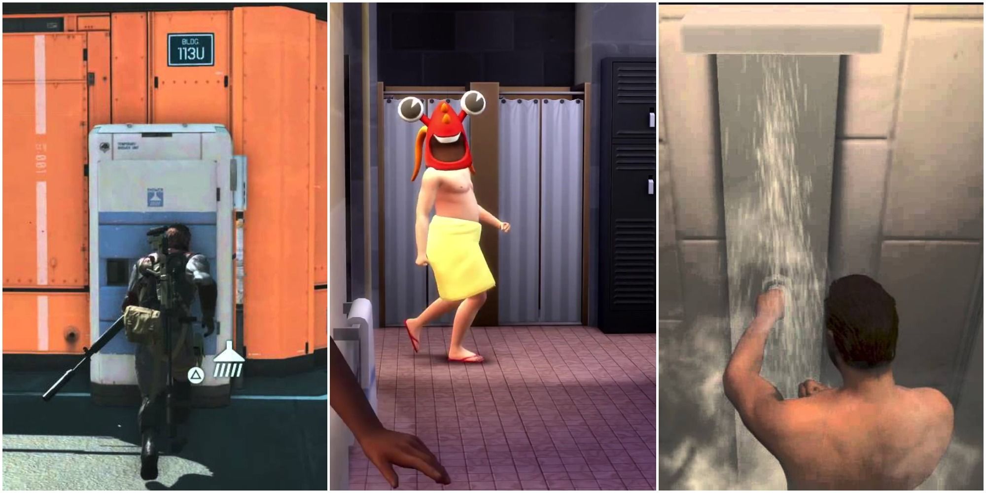 A split image from left to right: Snake running towards shower, Sim with lobster head walking into shower room, and GTA V character showering