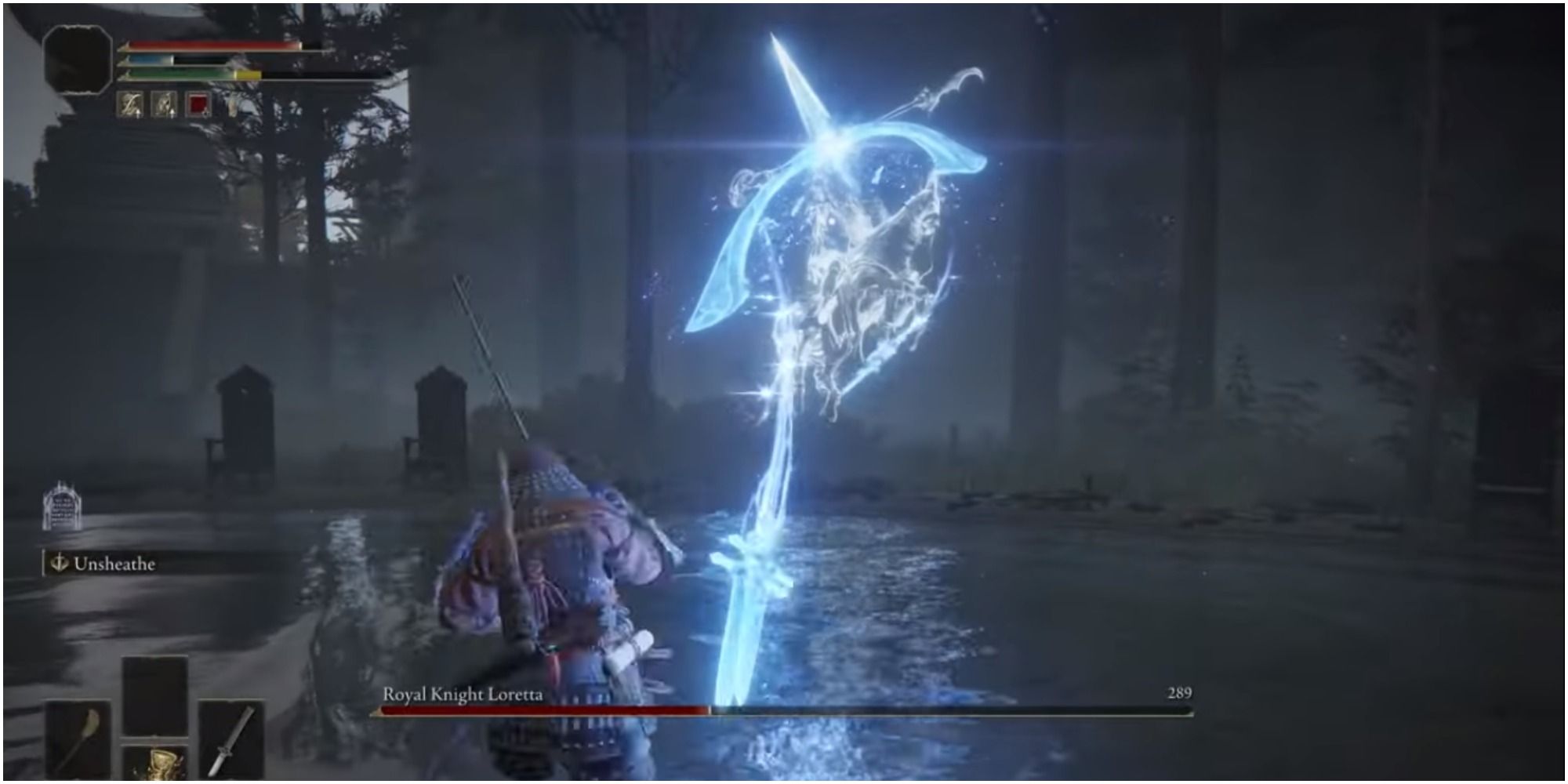 The boss using a magic greatbow to attack the player.