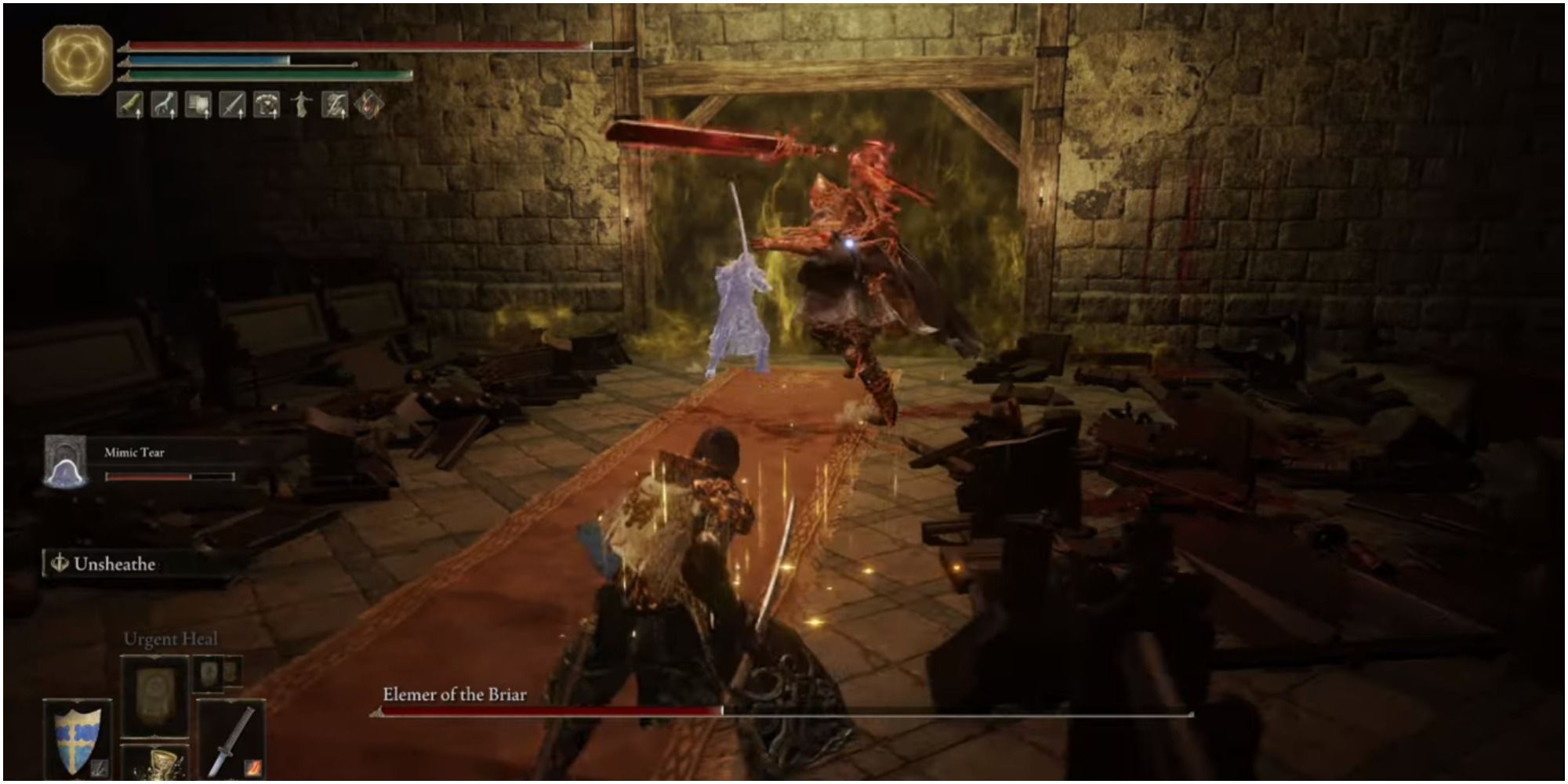 The boss throwing his sword at the player.
