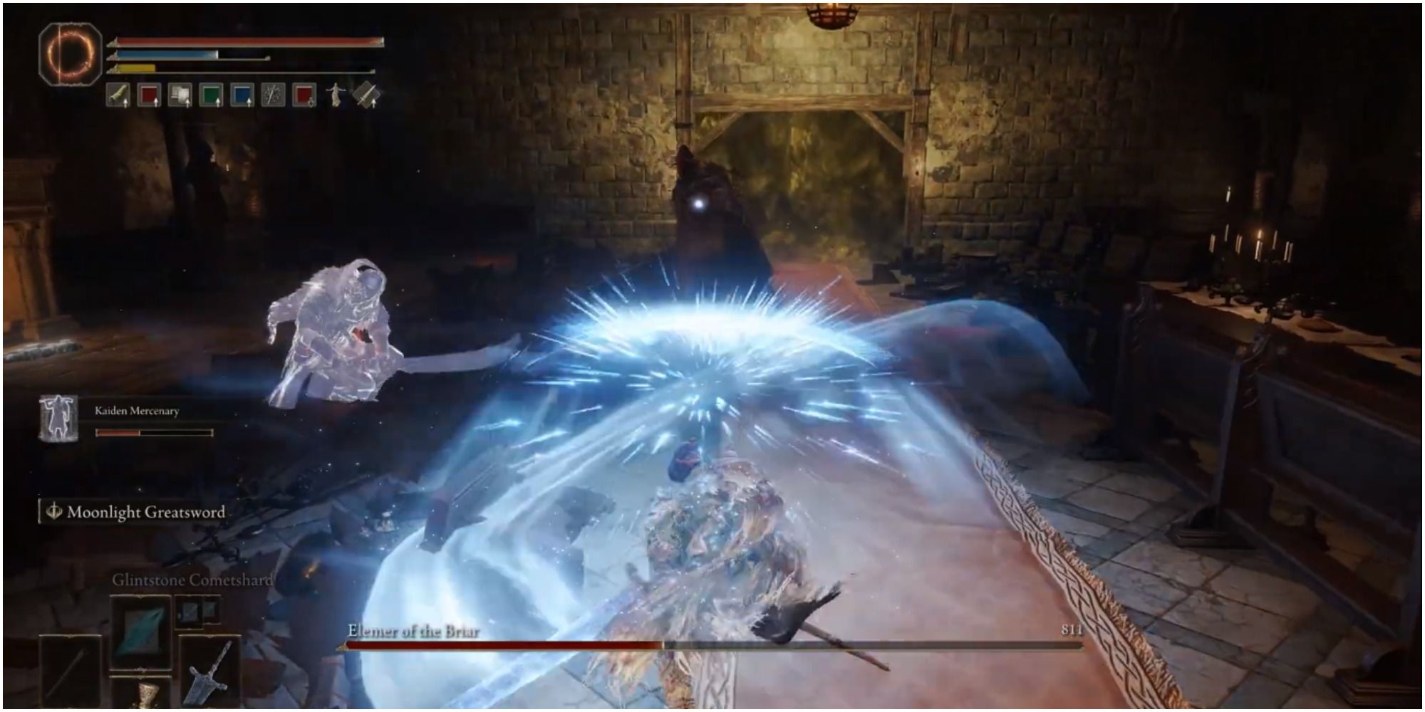 The player using Sorcery to attack the boss.