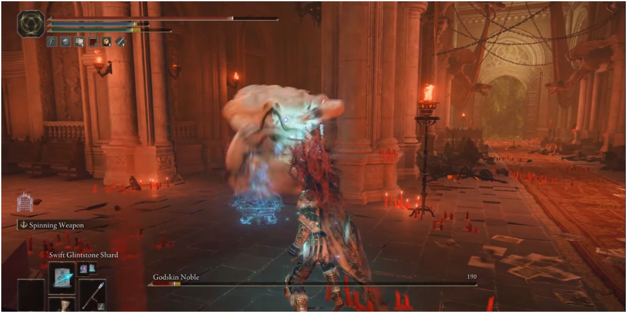 The player using Sorcery to attack the boss.