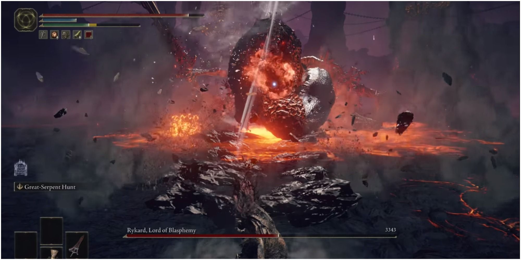 The boss spawning red skulls from his mouth to chase the player.