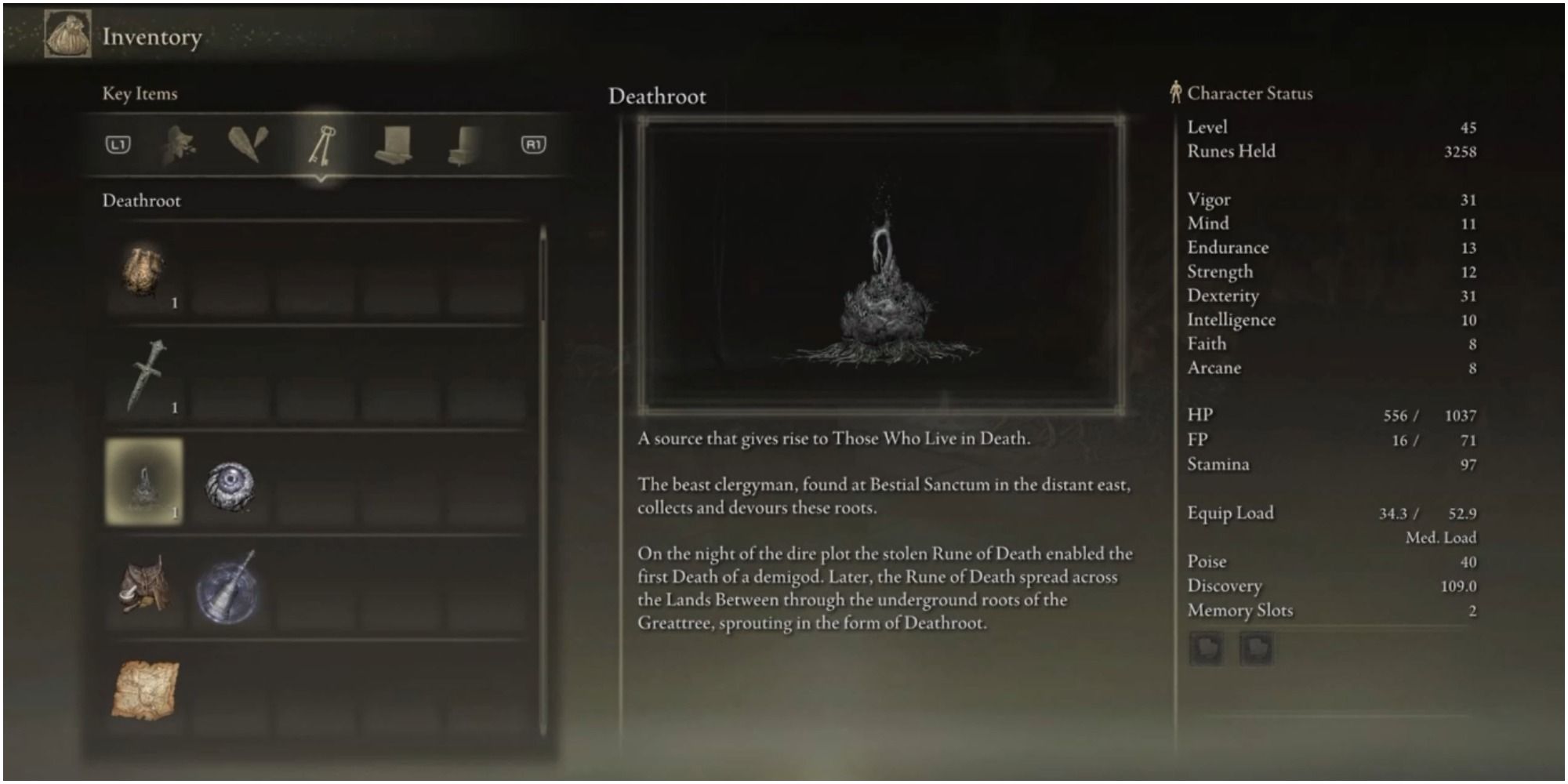 Image showing information on Deathroot, a key item found in the game.