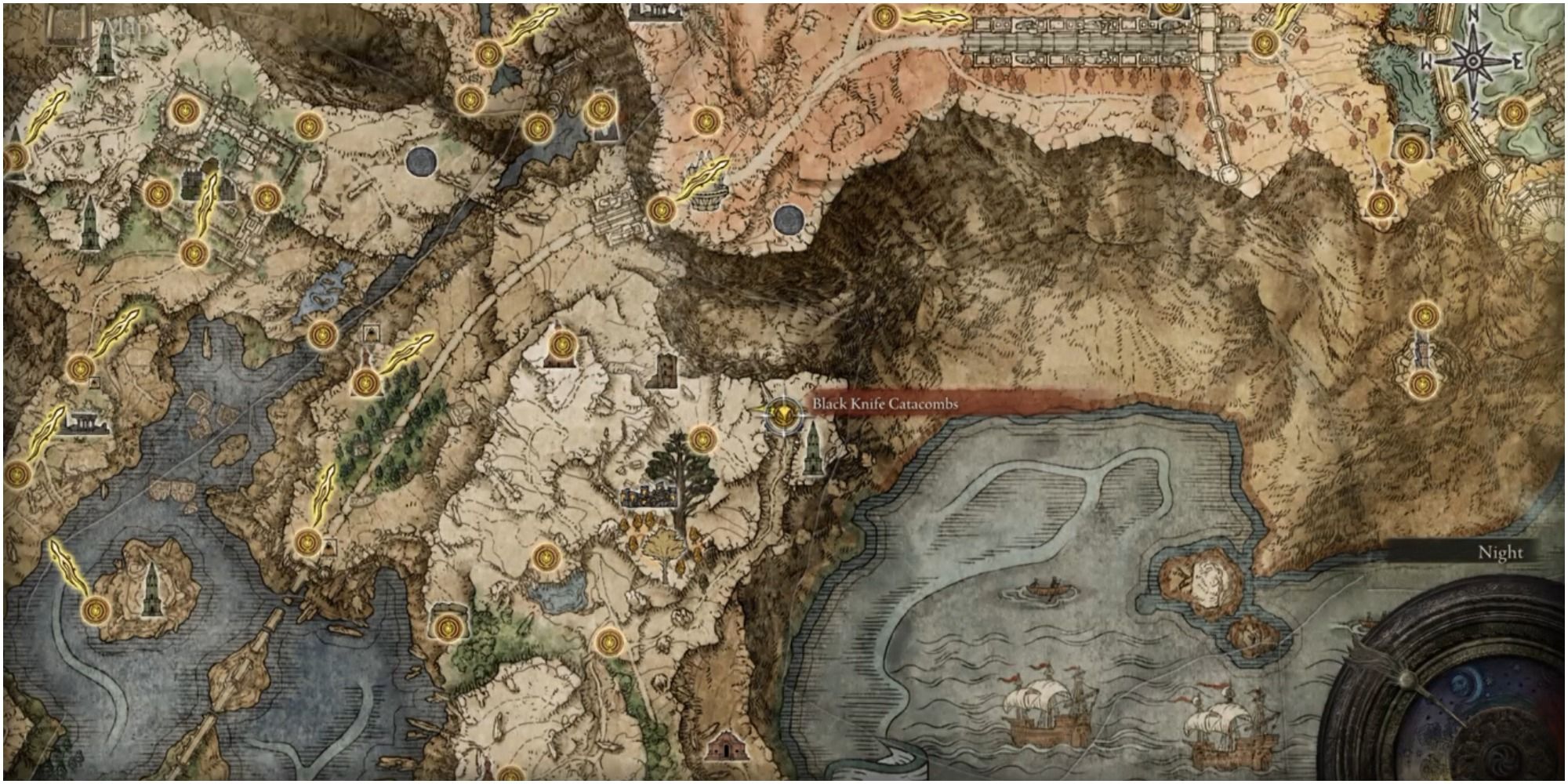 The map showing the location of Black Knife Catacombs in Liurnia.
