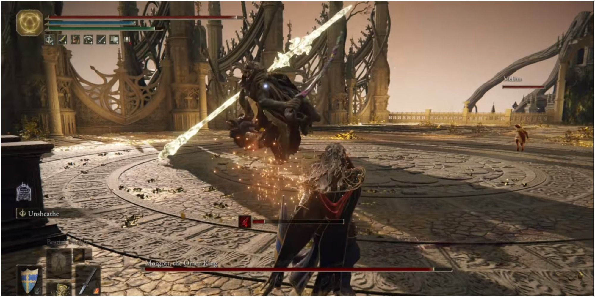 The boss throwing a holy spear at the player.