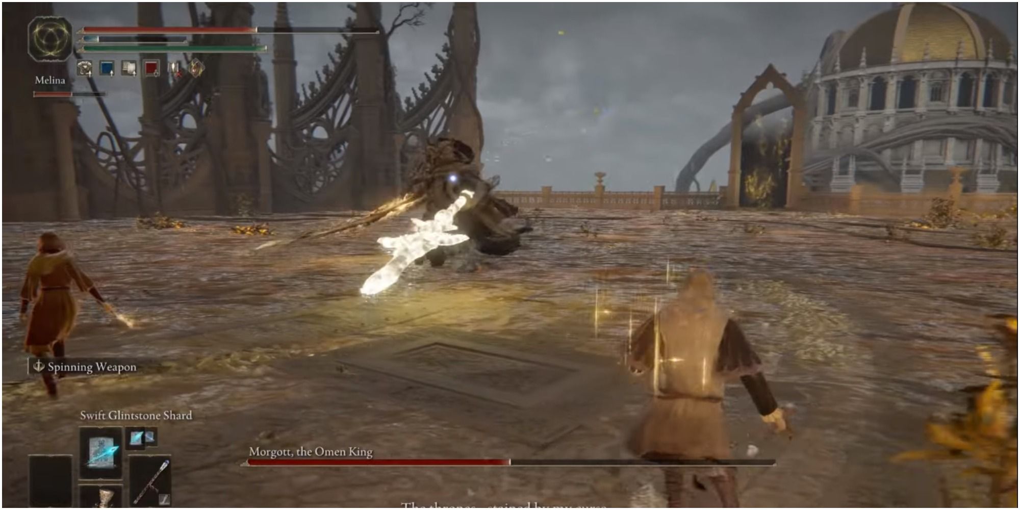 The boss charging at the player with a holy spear.