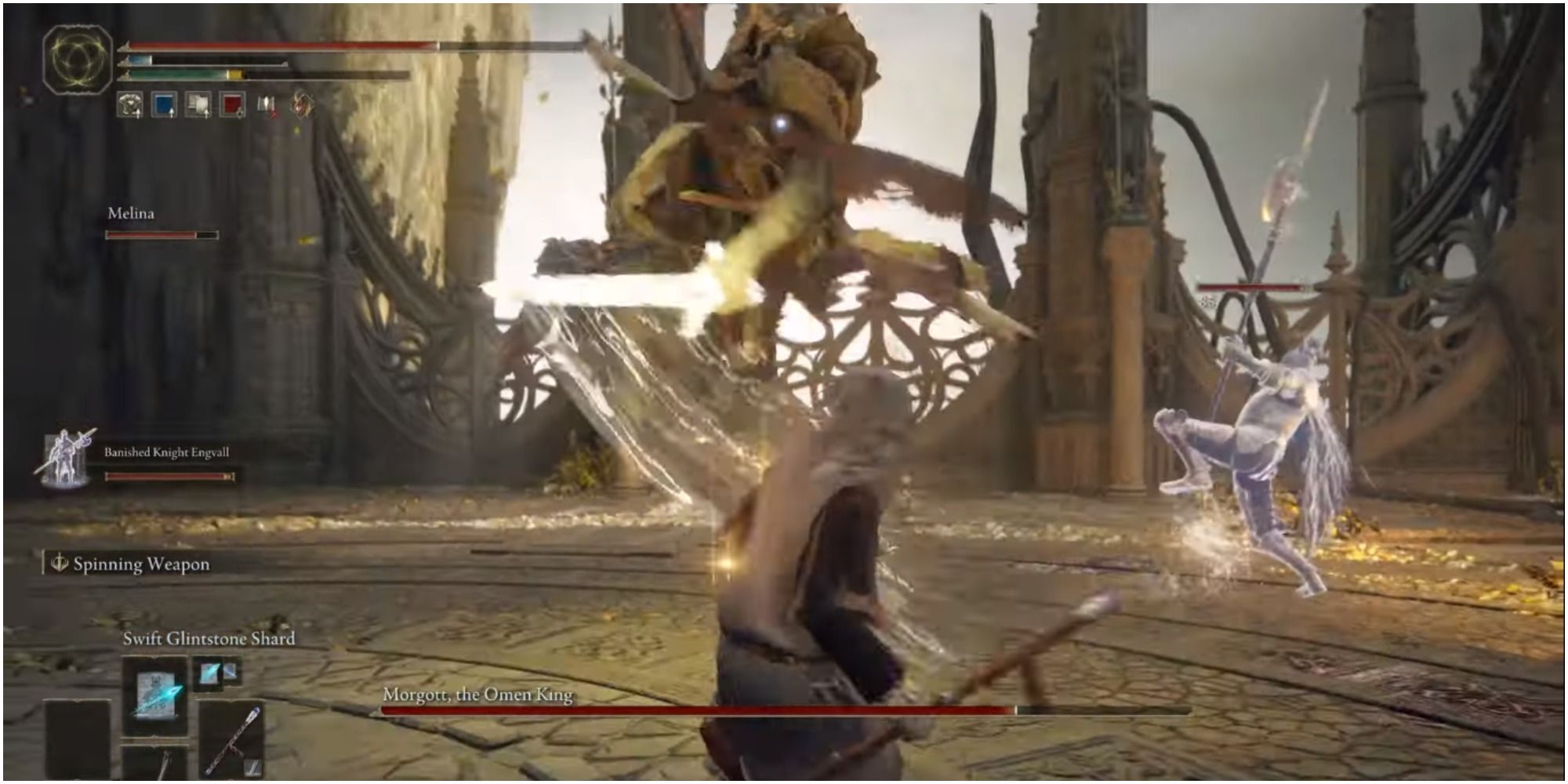 Morgott using his holy hammer and sword at the same time.