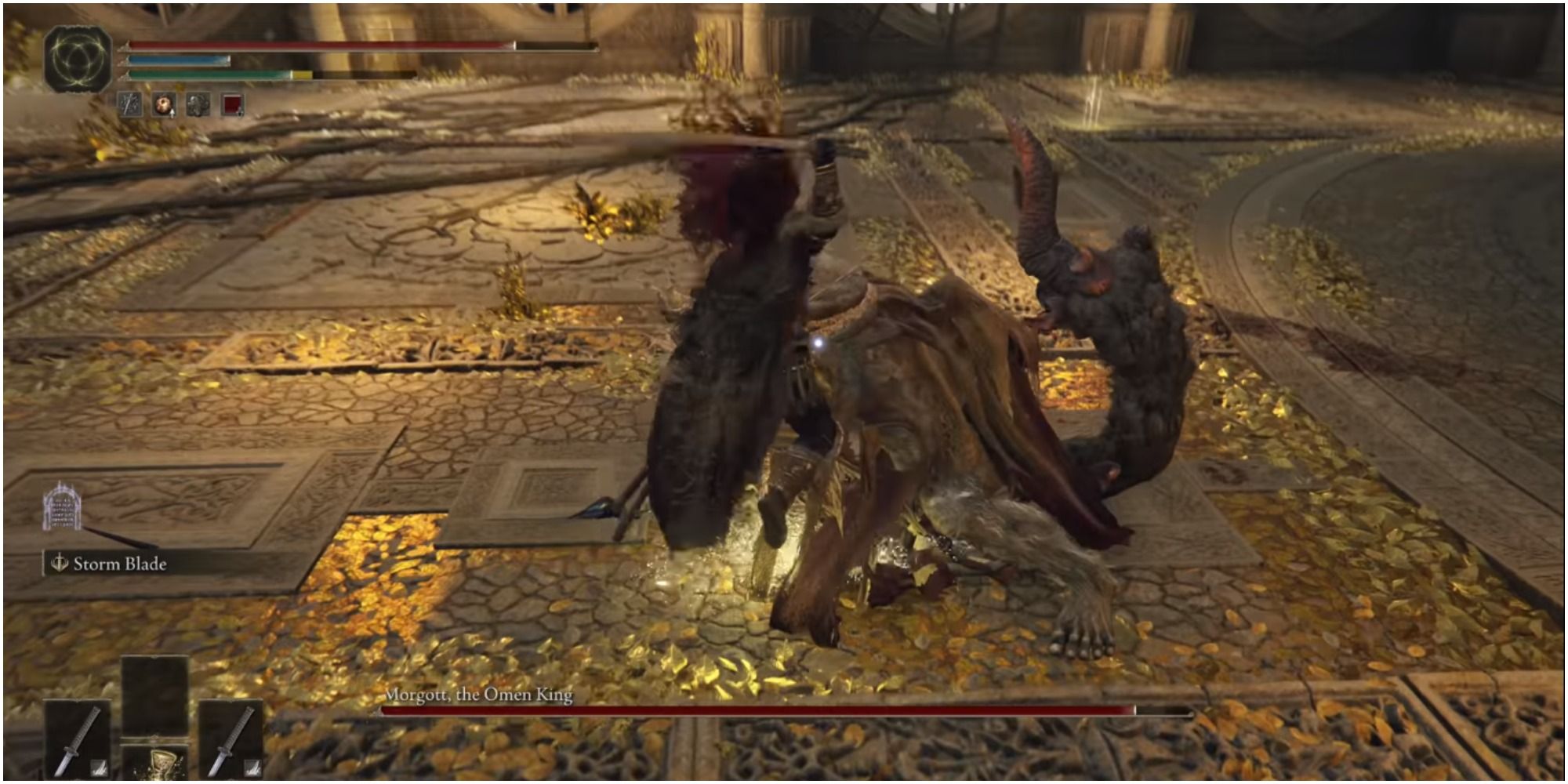 The player using a melee weapon against Morgott.
