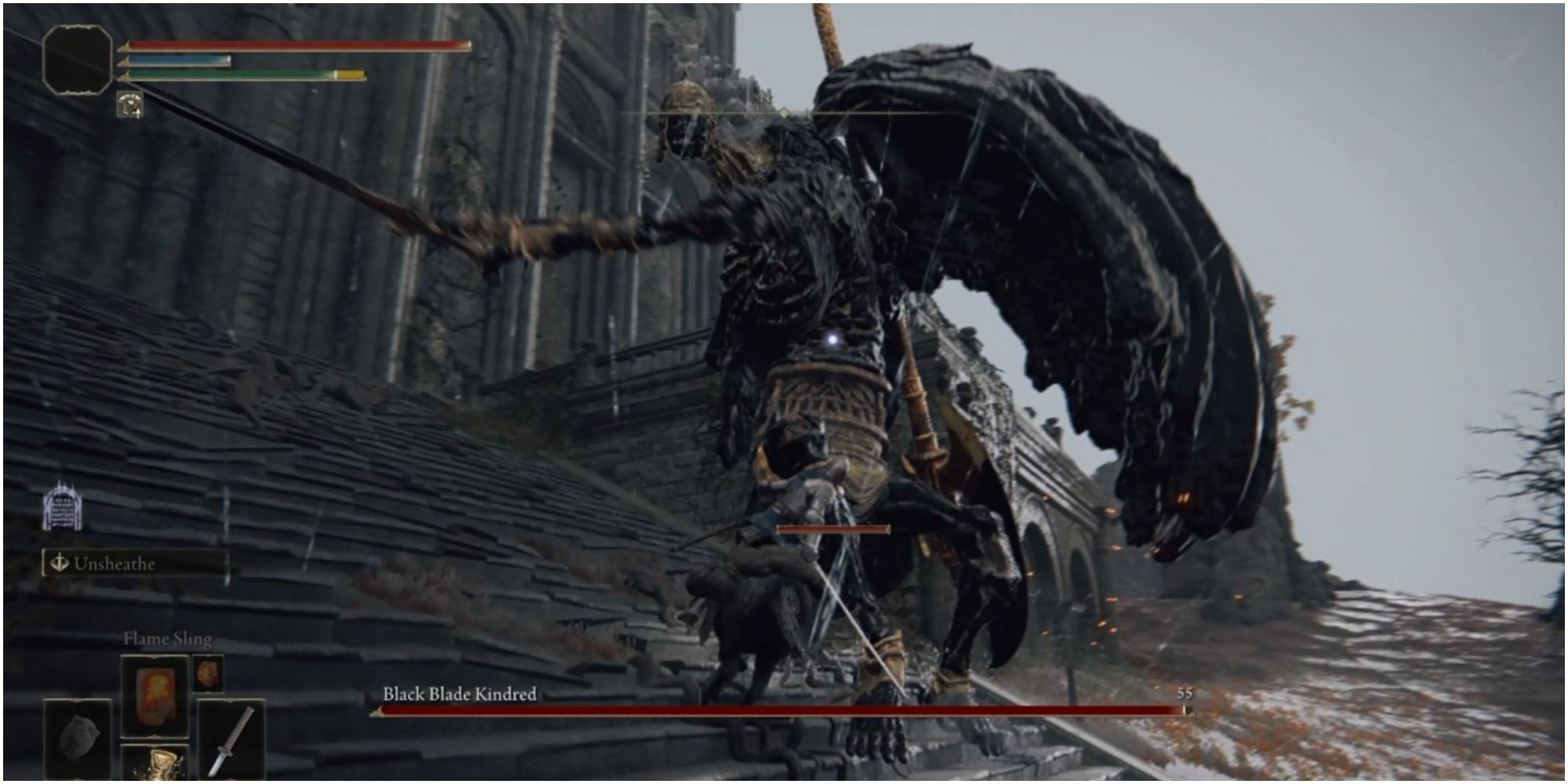 The player riding Torrent and attacking Black Blade Kindred.