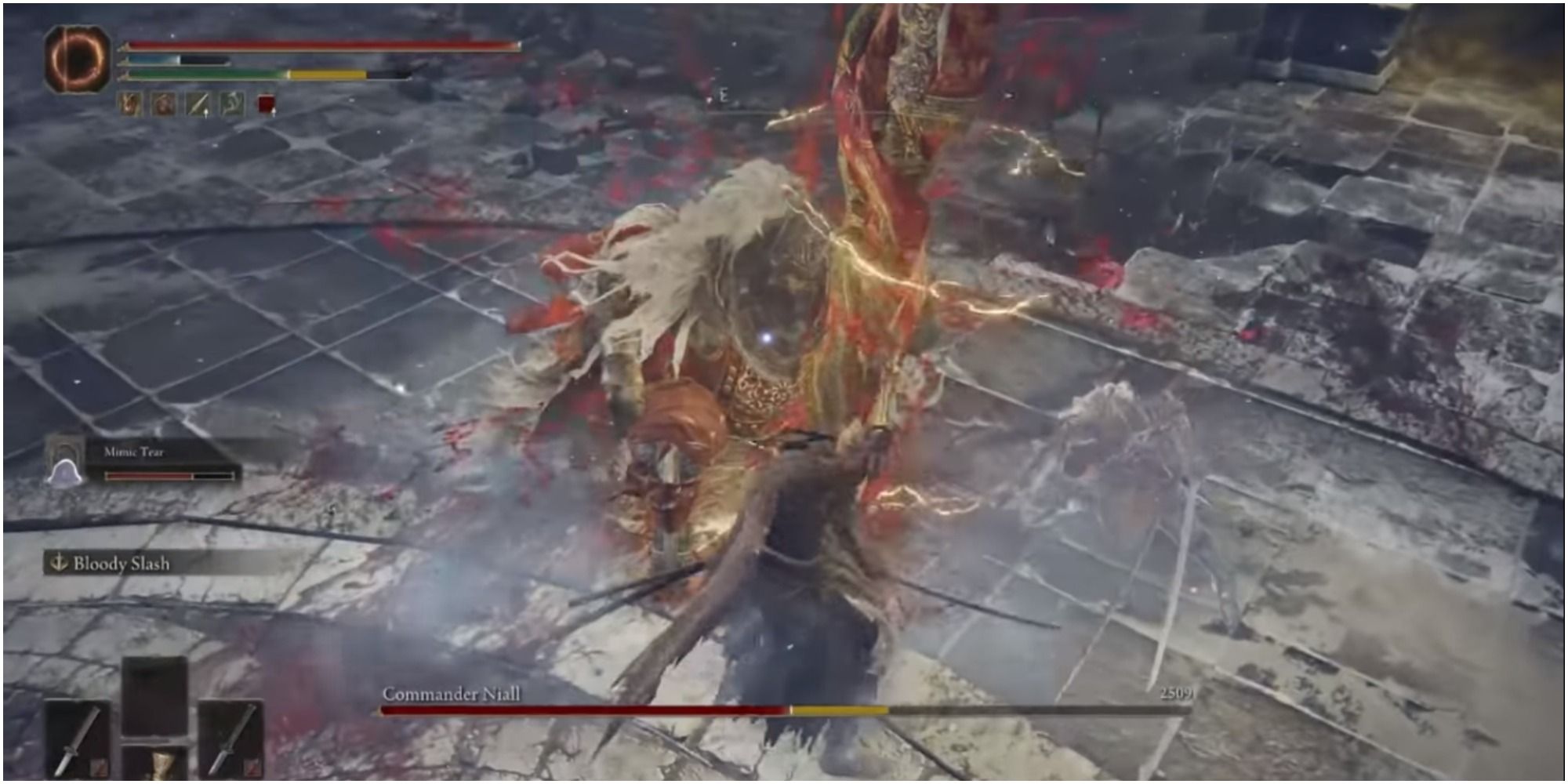 Tarnished attacking the boss with melee weapons.