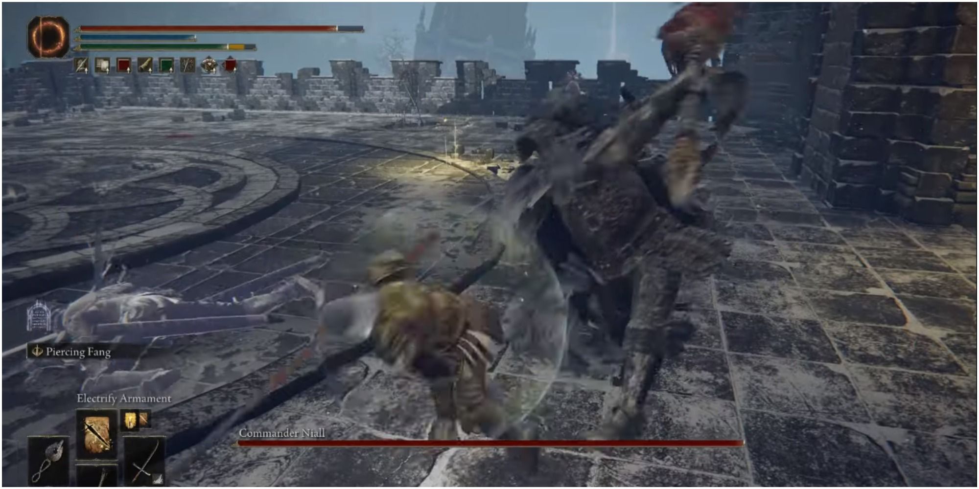 The boss doing Halberd attacks at the player. 