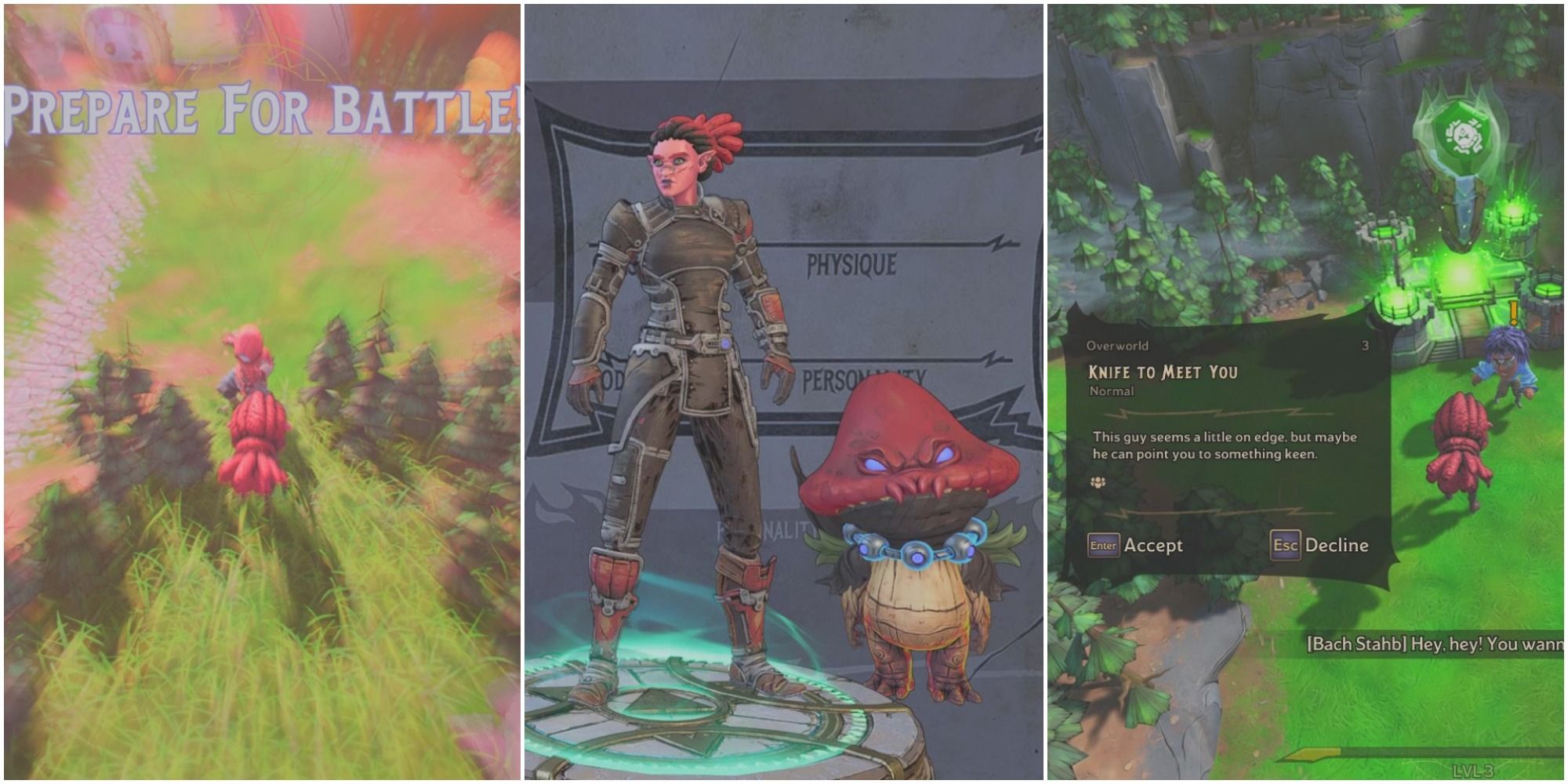 A split image from left to right: a random encounter in tall grass, a Spore Warden character and mushroom companion, and Knife to Meet You sidequest