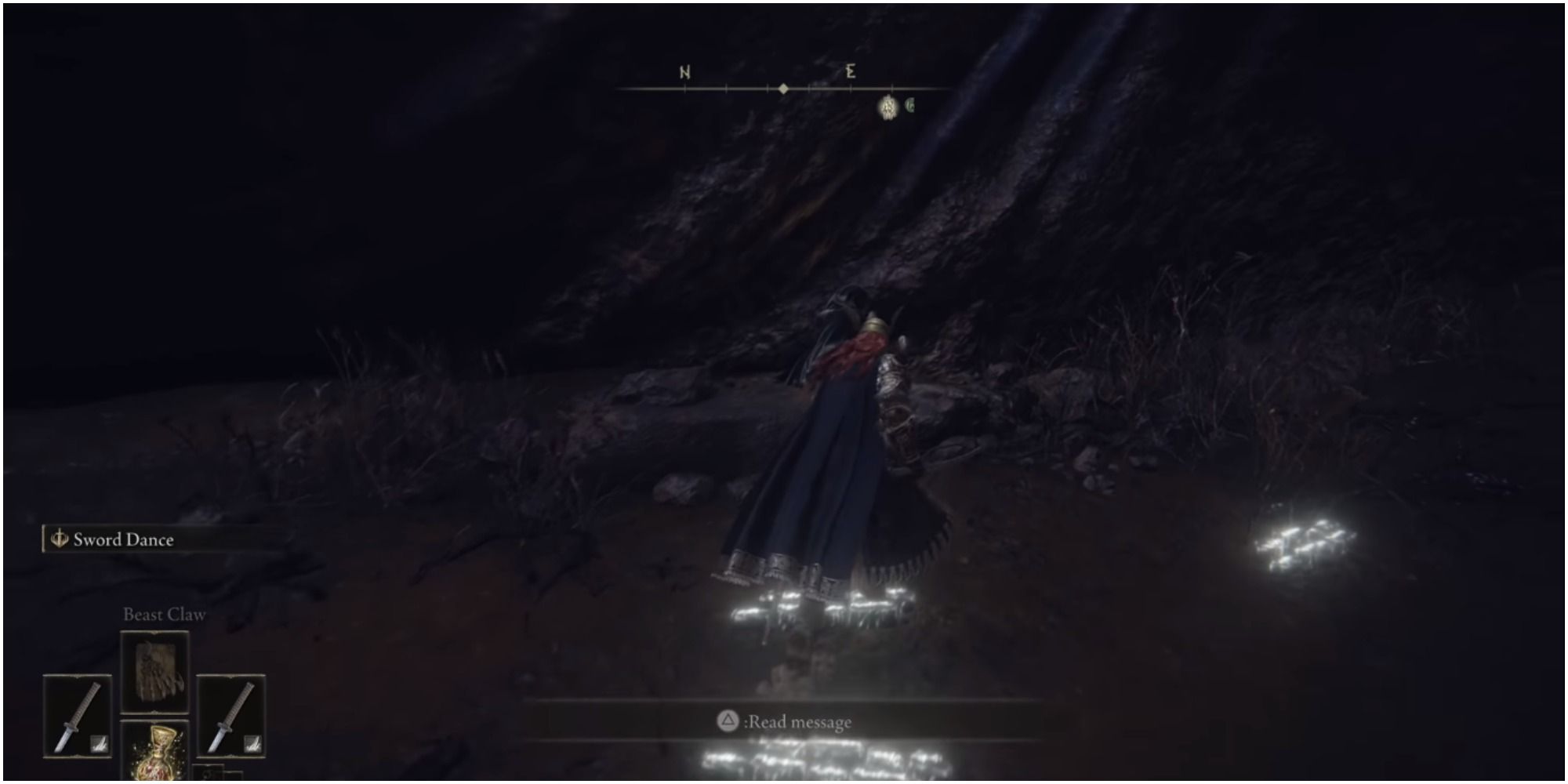 The player approaching Fia lying on a rock in Deeproot Depths.