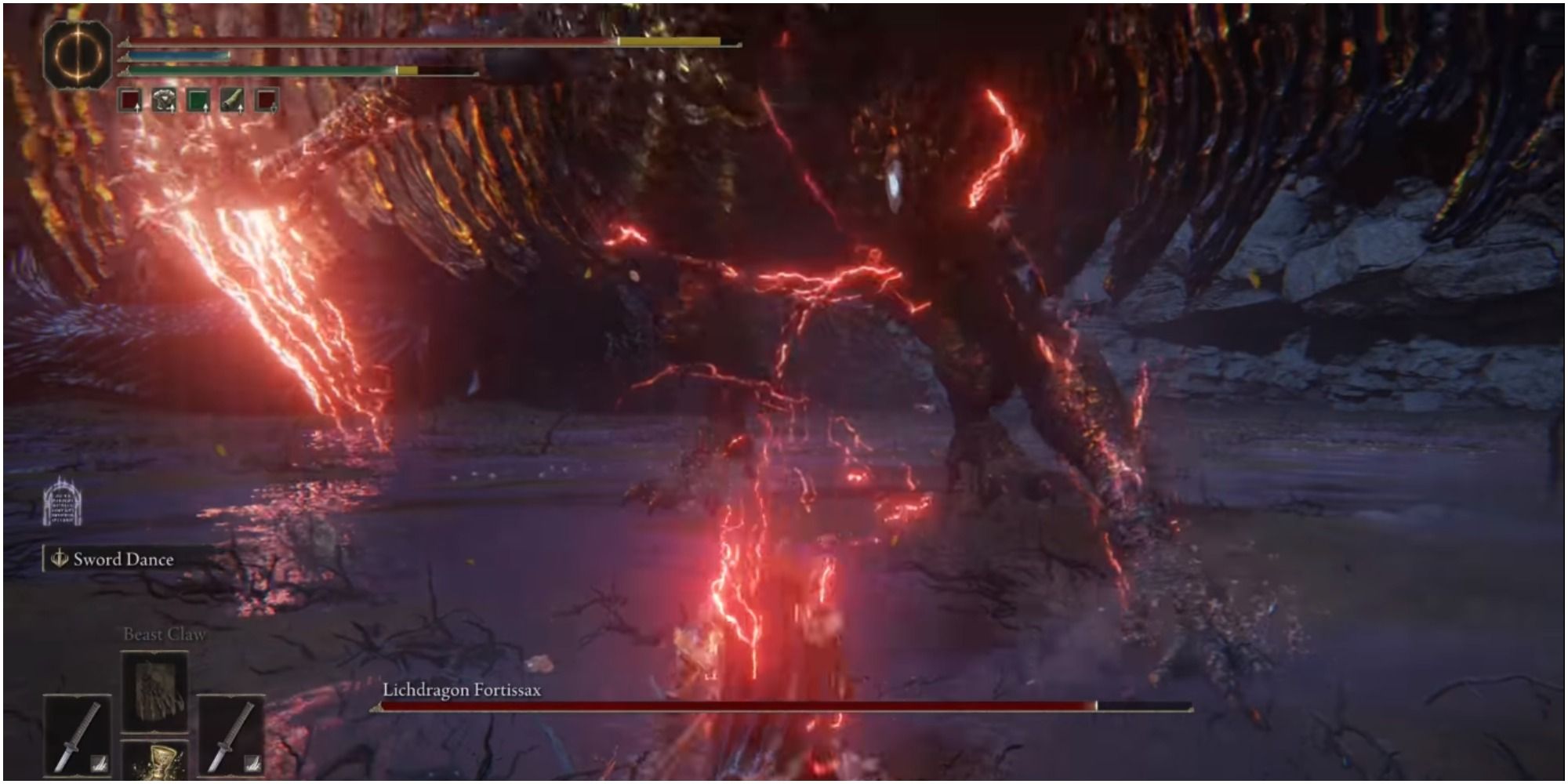 The boss attacking the player with a lightning hand strike.