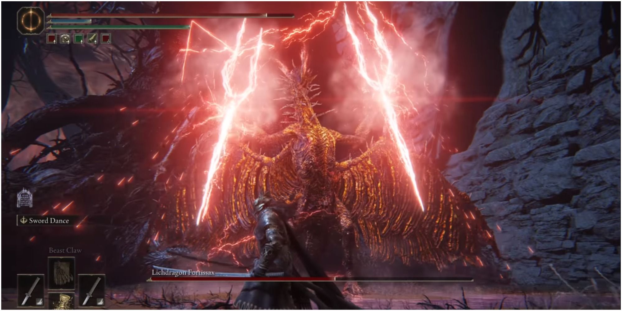 Lichdragon Fortissax using lightning spear in his hands in Elden Ring.