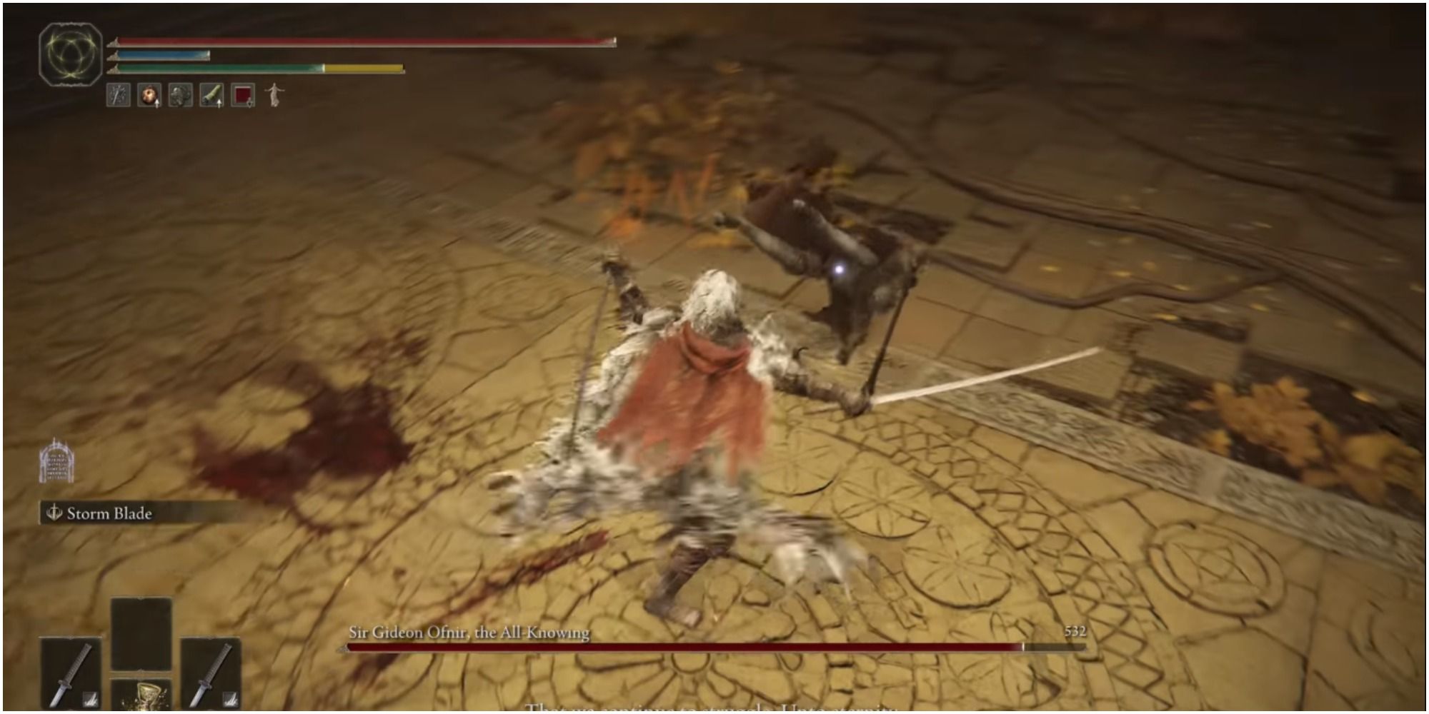The player attacking the boss with melee weapon.