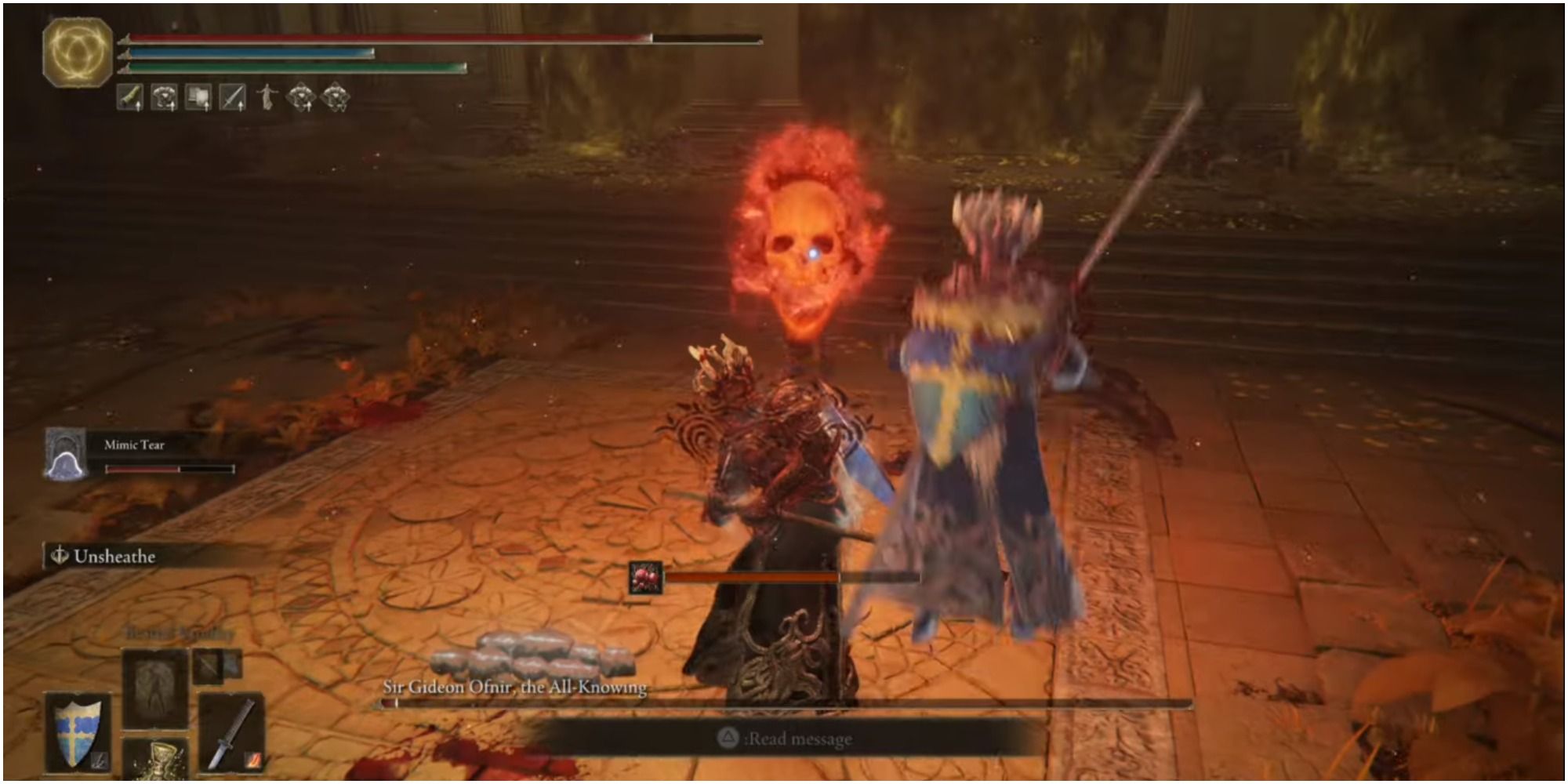 The boss summoning a red floating skull at the player.