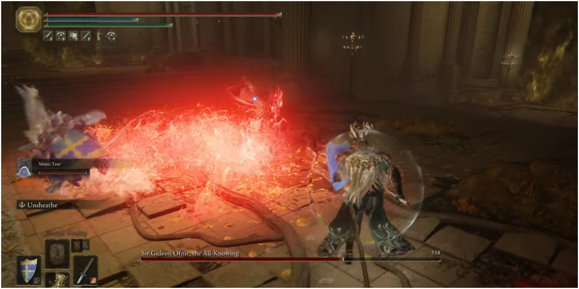 The boss throwing a steam of blood on the player.