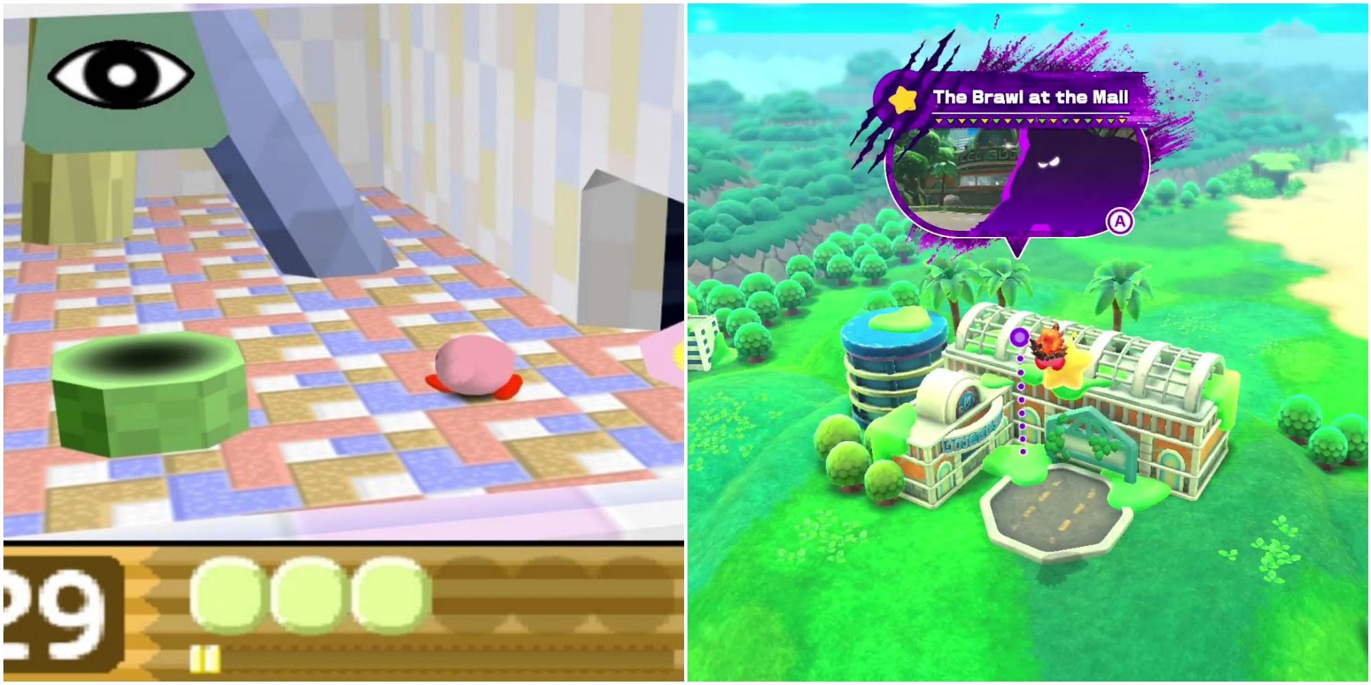A split image from left to right: Shiver Star mall from Kirby and the Crystal Shards and Alivel Mall stage from Kirby and the Forgotten Land