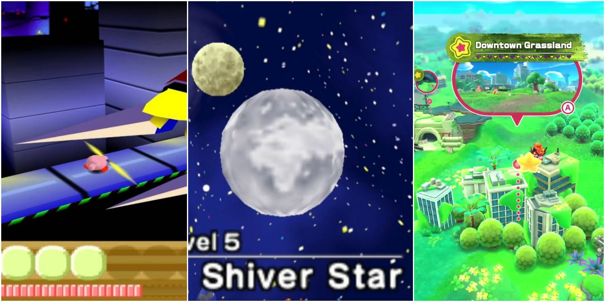 A split image from left to right: Kirby in Shiver Star city, Shiver Star planet, Downtown Grasslands in Forgotten Land