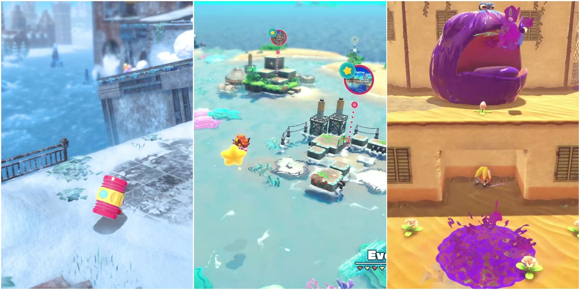 A split image from left to right: Kirby in Winter Horn, Kirby in Everbay Coast, Kirby facing frog in Orginull Wasteland