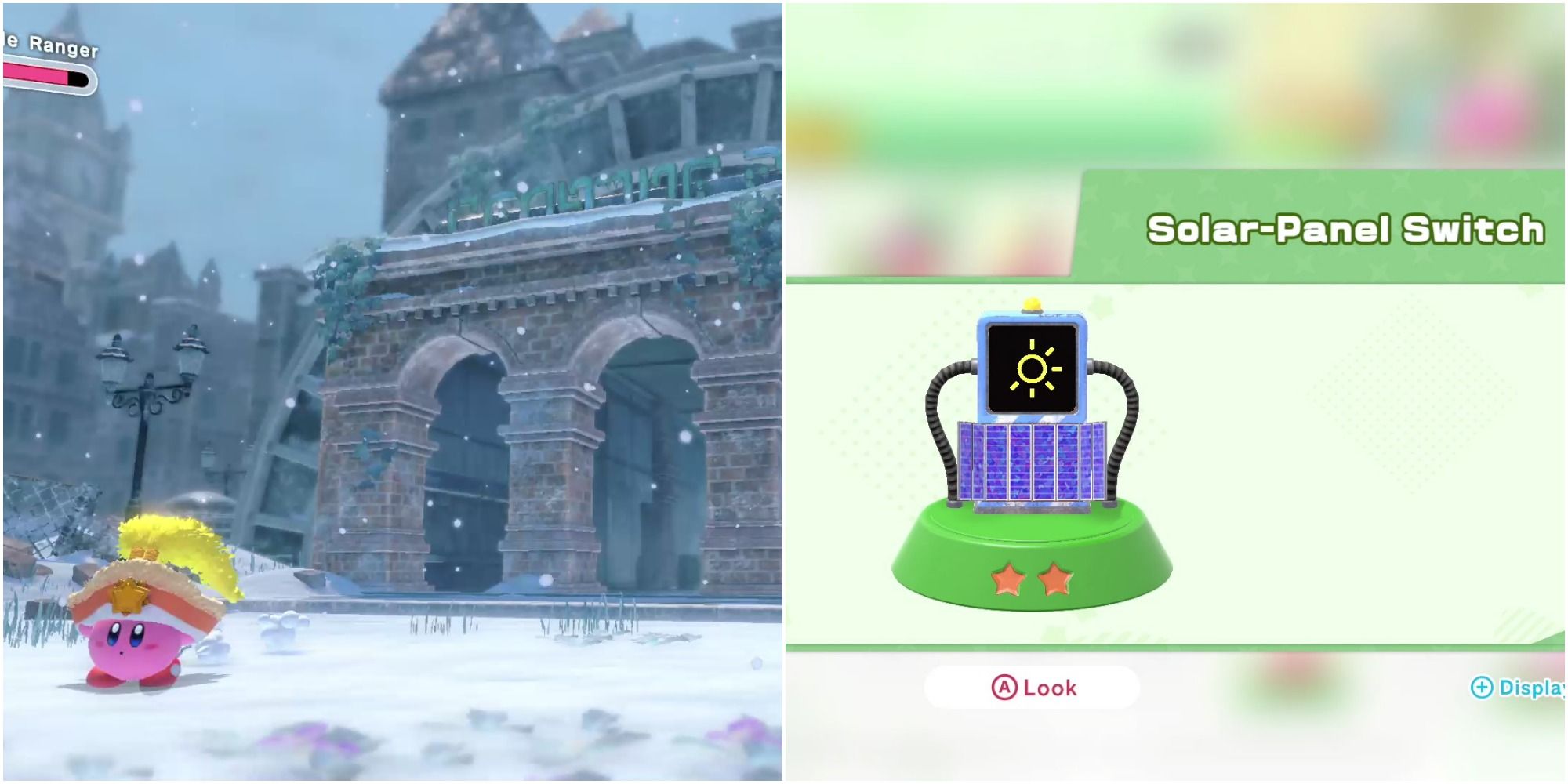 A split image of Kirby outside train station of Winter Horns and gacha toy of Solar Panel Switch