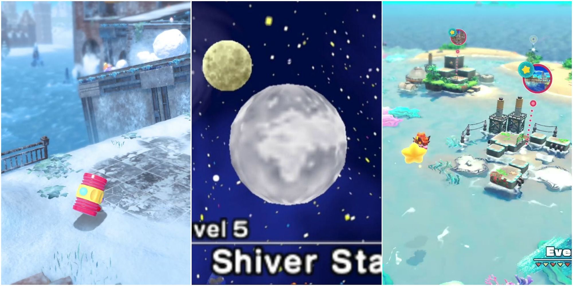 A split image from left to right: Kirby in Winter Horns, Shiver Star from Kirby 64 The Crystal Shards, Kirby on warp star above Everbay Coast