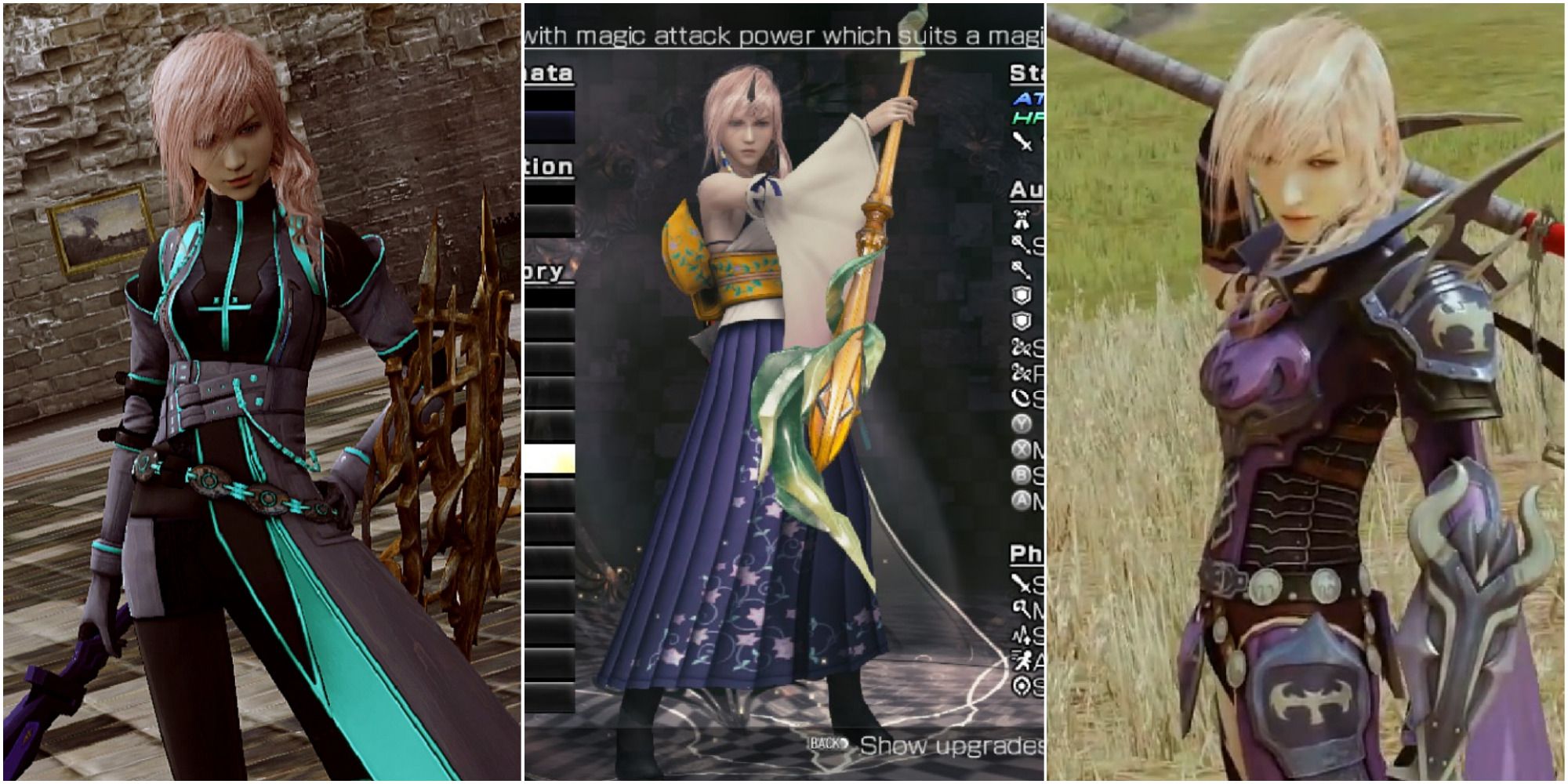 A collage of images from Lightning Returns: Final Fantasy 13, showing Lightning wearing different outfits