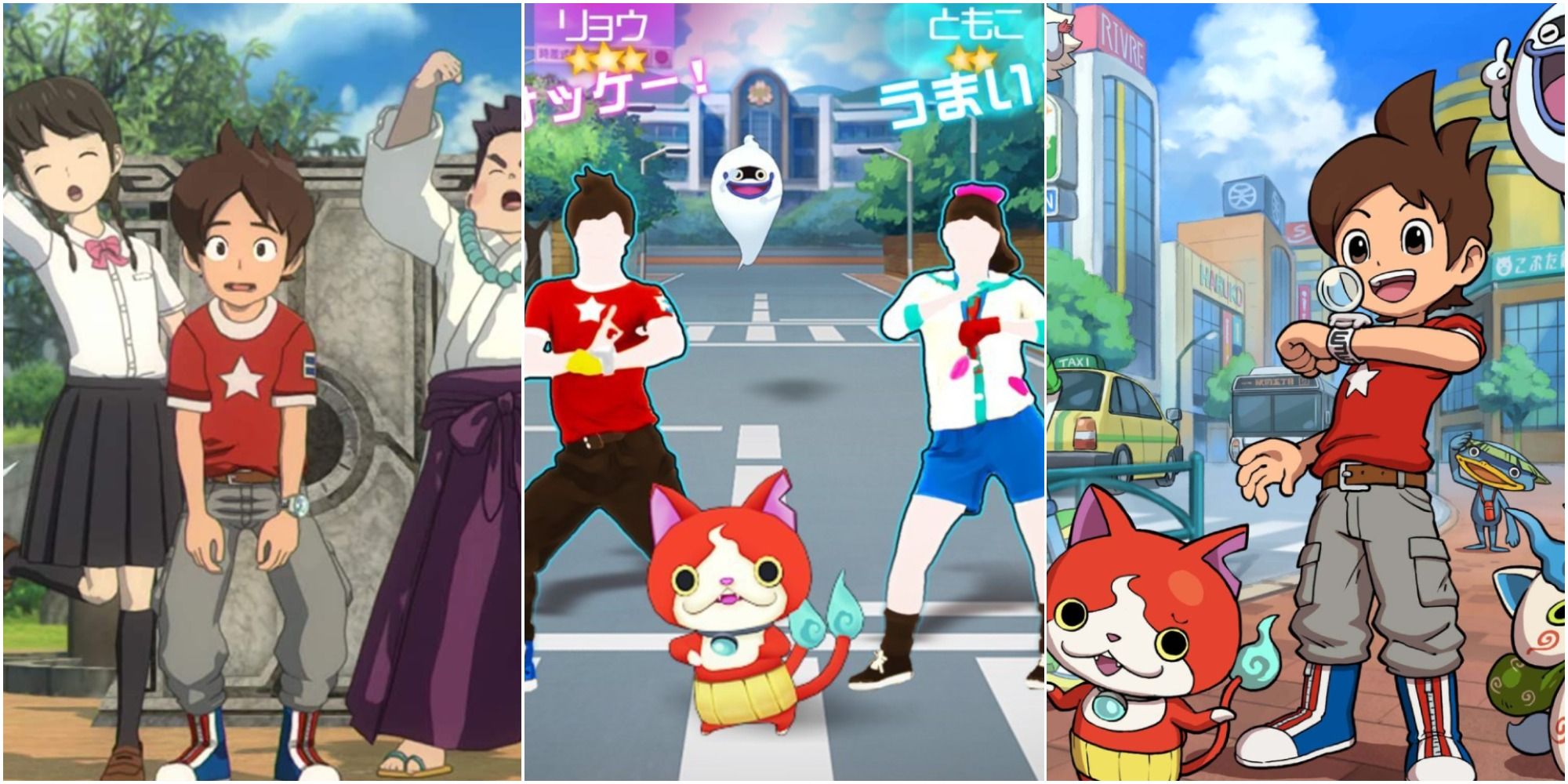 on the left is a screenshot from Yo-kai Watch 4, in the middle is a screenshot from Yo-kai Watch Dance, and on the right is promotional art for Yo-kai Watch