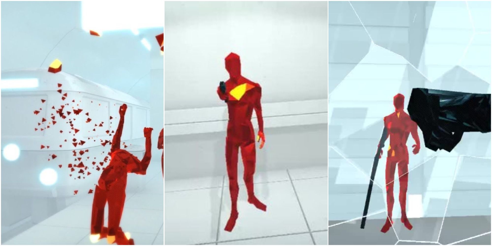on the left is a dying red guy in front of a train, in the middle is a red guy in an elevator and on the right is a fist punching glass