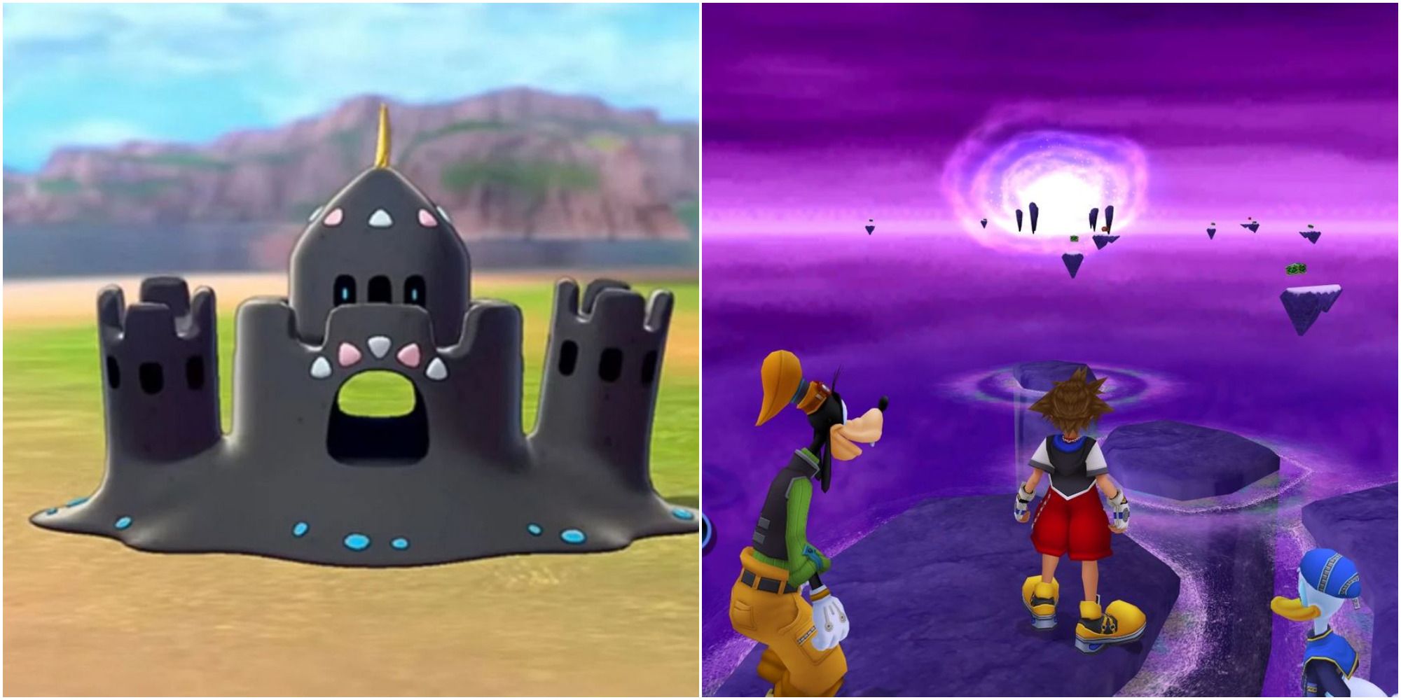 Shiny Sandygast in Pokemon and Sora, Donald, and Goofy in End of the World in Kingdom Hearts