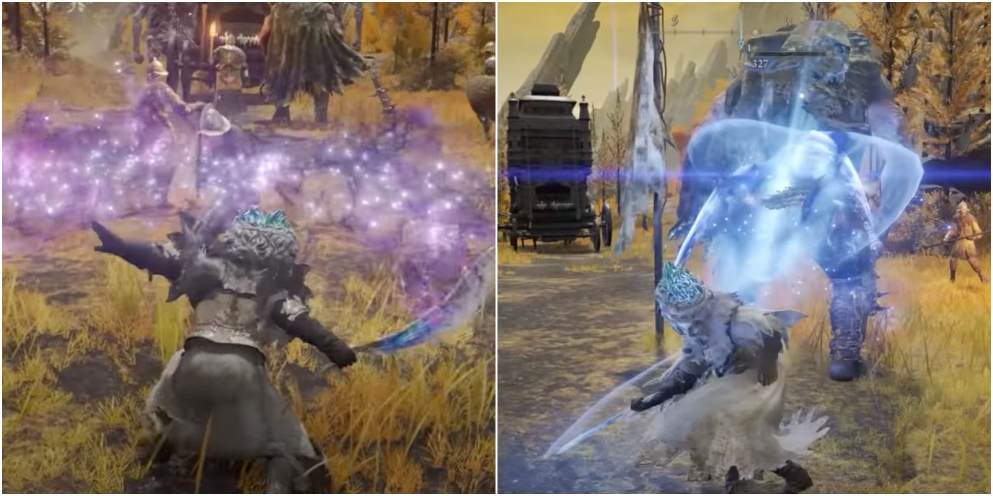 A split image of The Tarnished using Wing of Astel in Elden Ring.