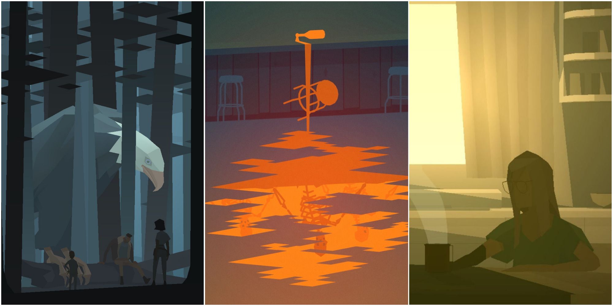 A collage of three images from Kentucky Route Zero, showing a giant eagle, a spilled beer bottle, and a woman drinking coffee