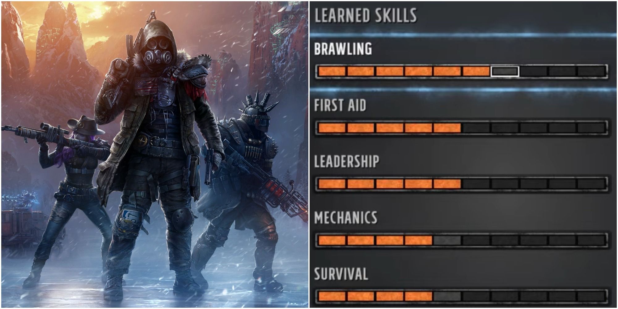 Split image Wasteland 3 three warriors together and stat menu with Brawling stat highlighted at the top