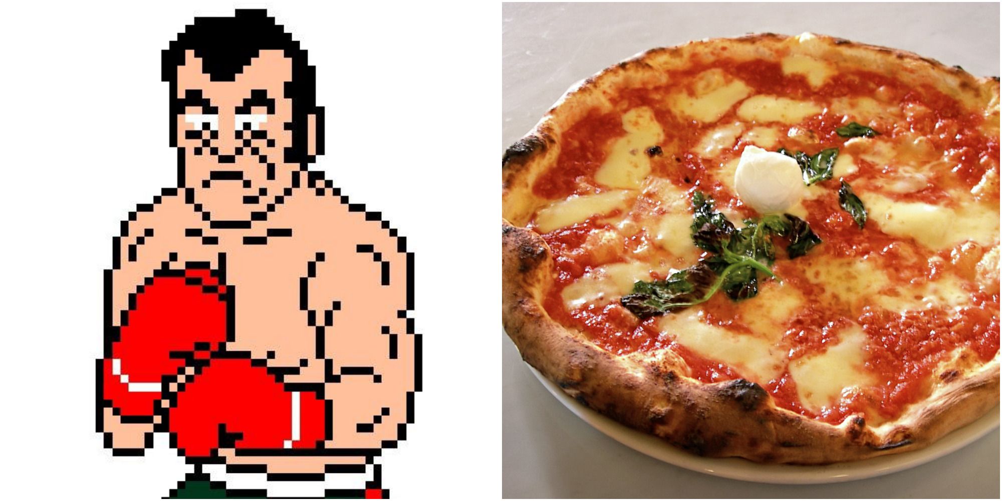 A screenshot of the boxer Pizza Pasta from the arcade version of Punch-Out!!, collaged next to a photo of a pizza
