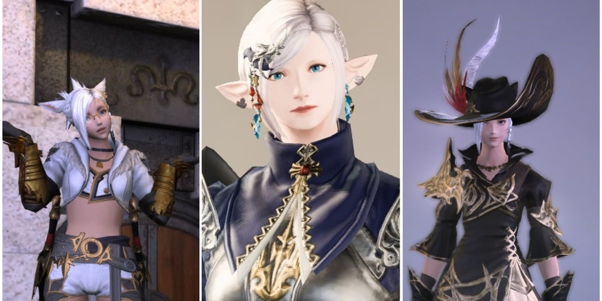 Final Fantasy 14 Glamour Split Image Three Characters: One shrugging Miqo'te, one Elezen in Holy Knight Gear and one Miqo'te in Forgiven Gear